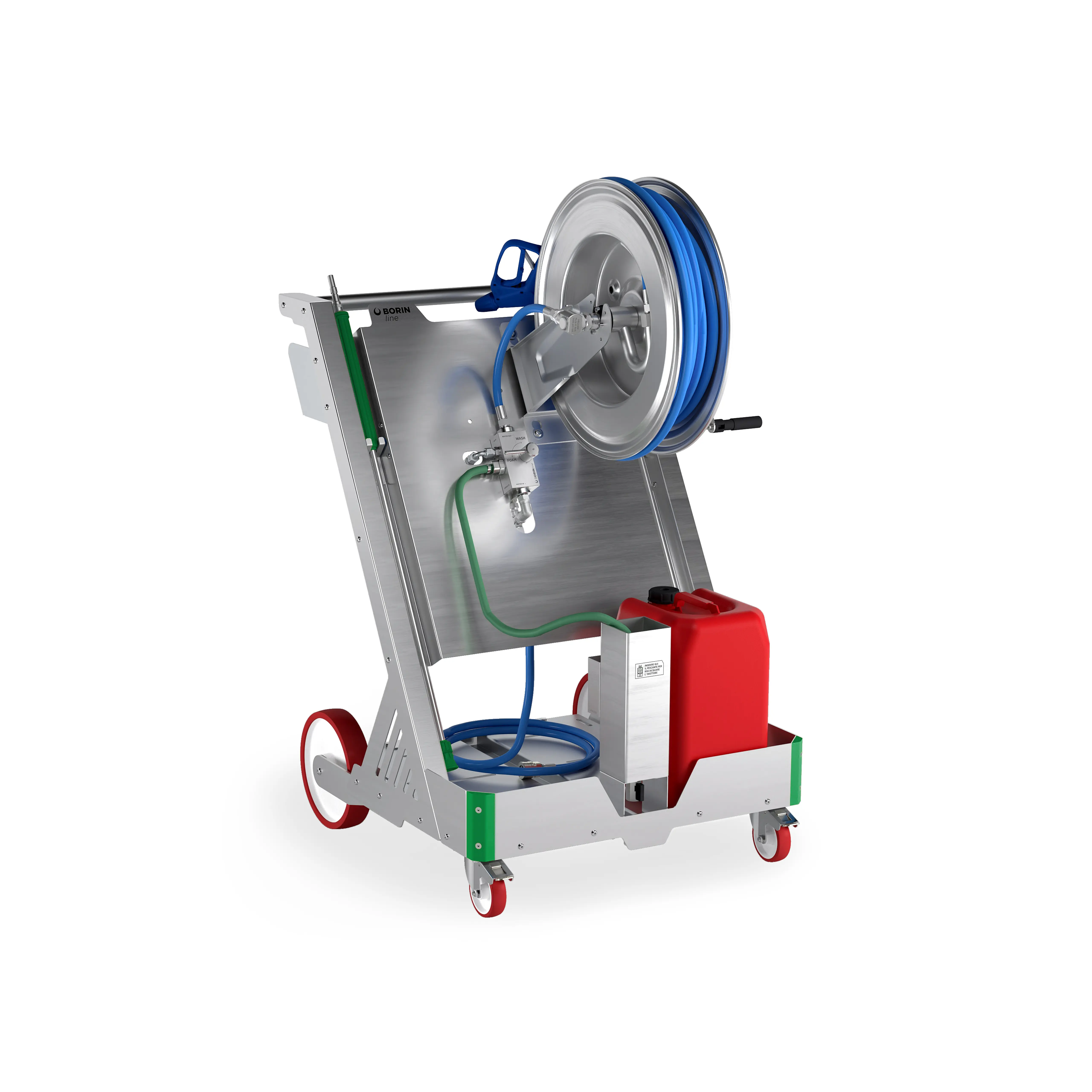 stazione di lavaggio carrellata borin kiteco, con aria compressa, avvolgitubo a manovella e lance e paracolpi verdi