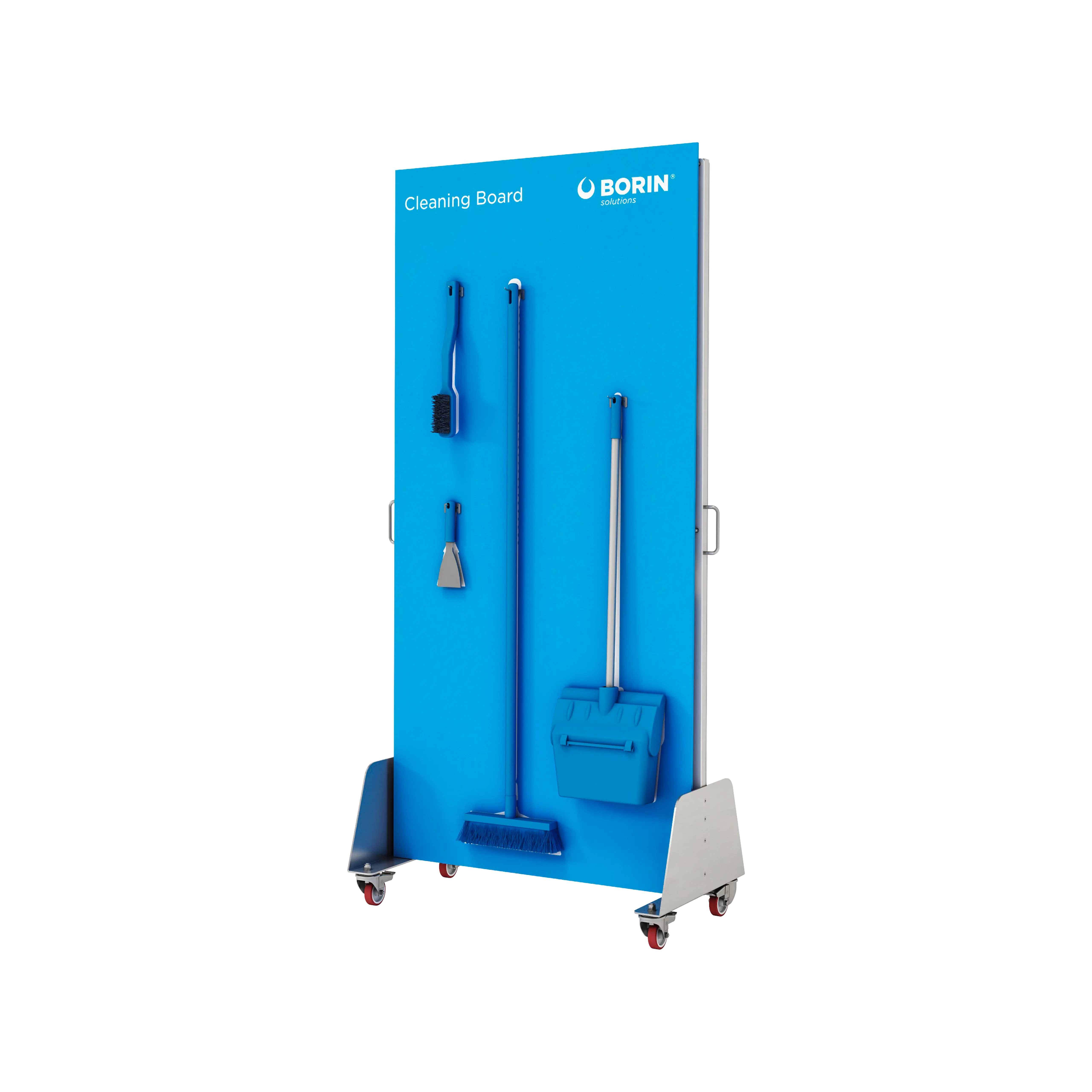 cleaning board borin carrellata per organizzare e movimentare gli attrezzi di pulizia, con maniglie laterali e pannello blu per distinzione tramite codice colore
