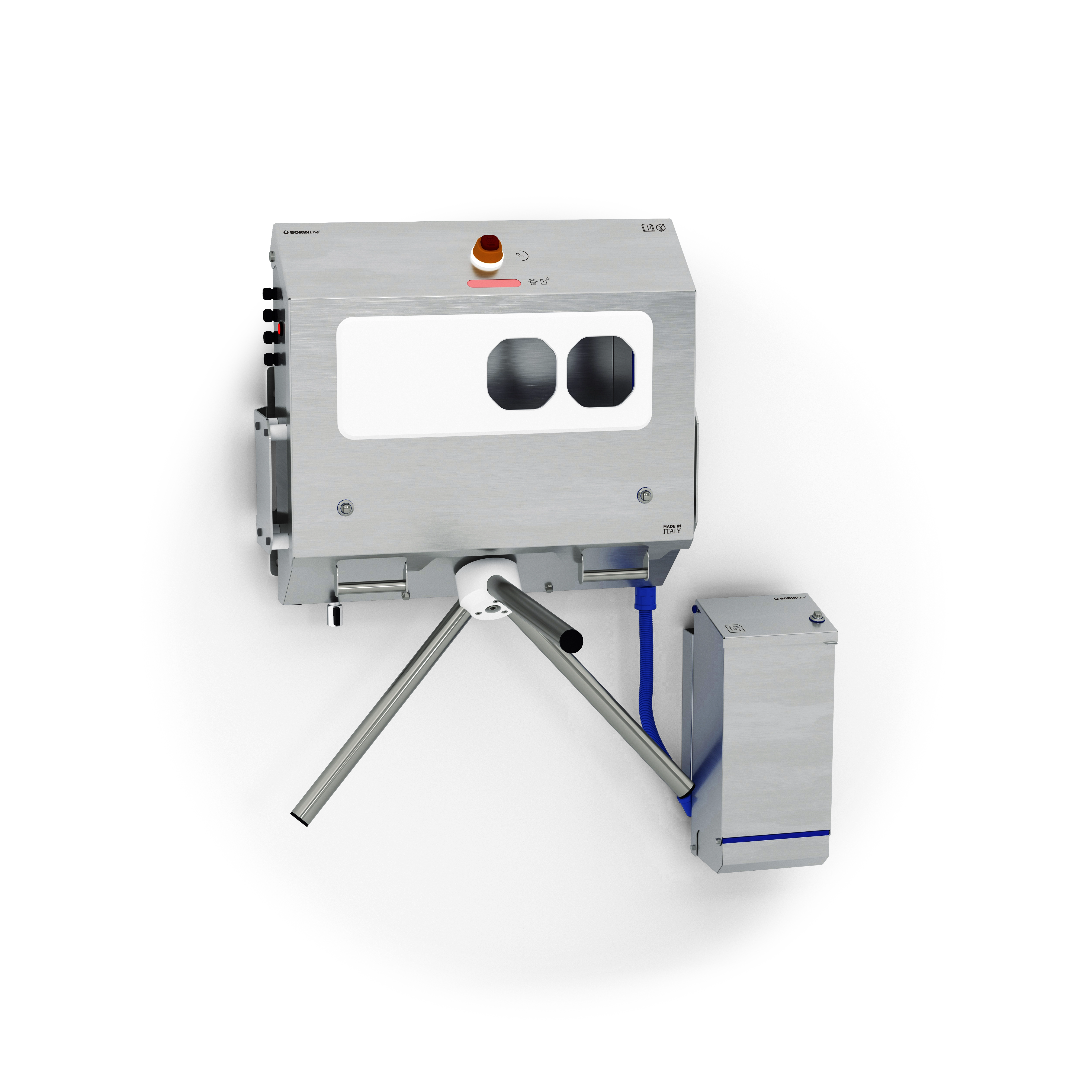 wall-mounted borin cubana hygiene station for hand sanitization or hand soaping, with electromechanical turnstile