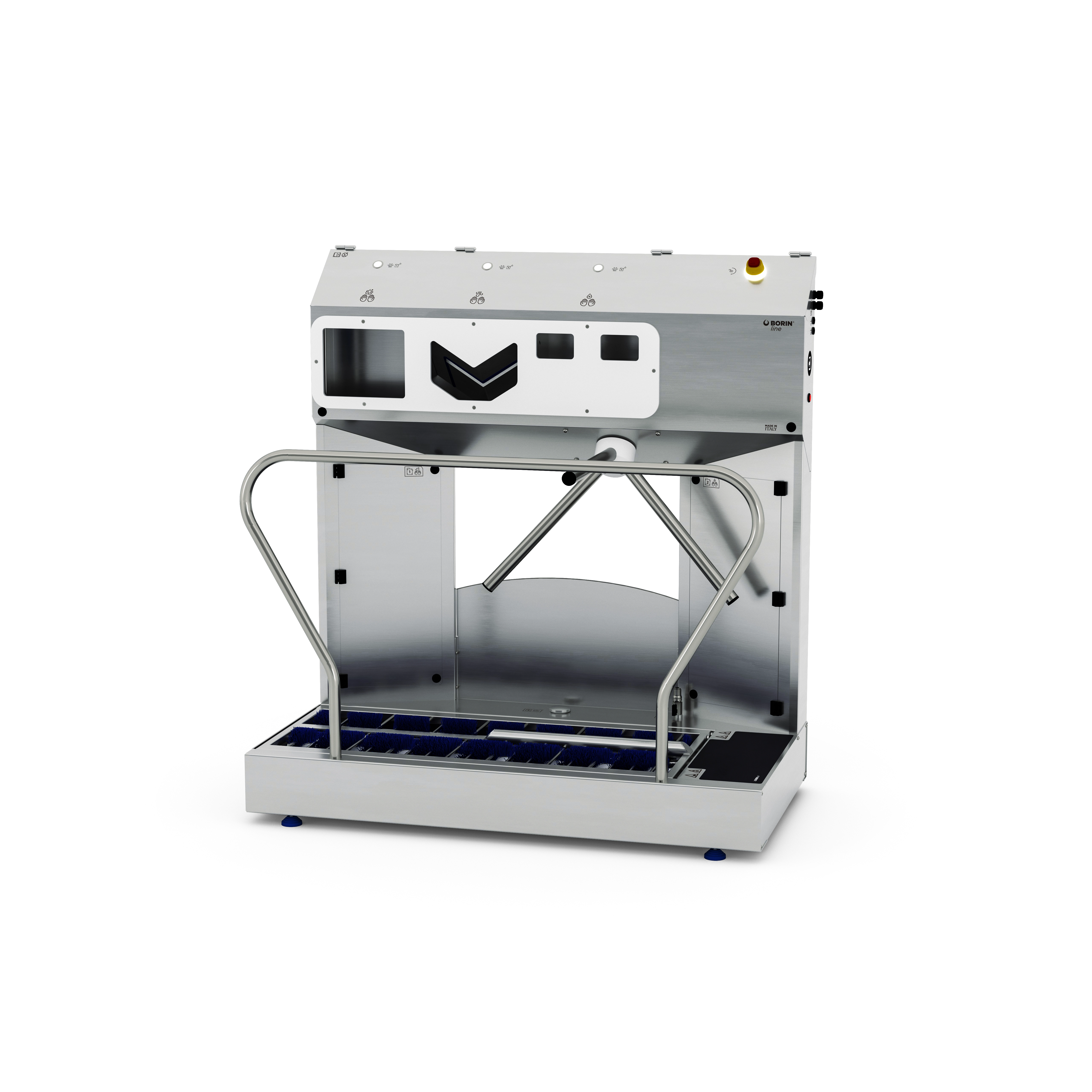 borin extreme hygiene station for complete hand hygiene and sole sanitization, with electromechanical turnstile and air hand drying, left-side entry without side entry handrail