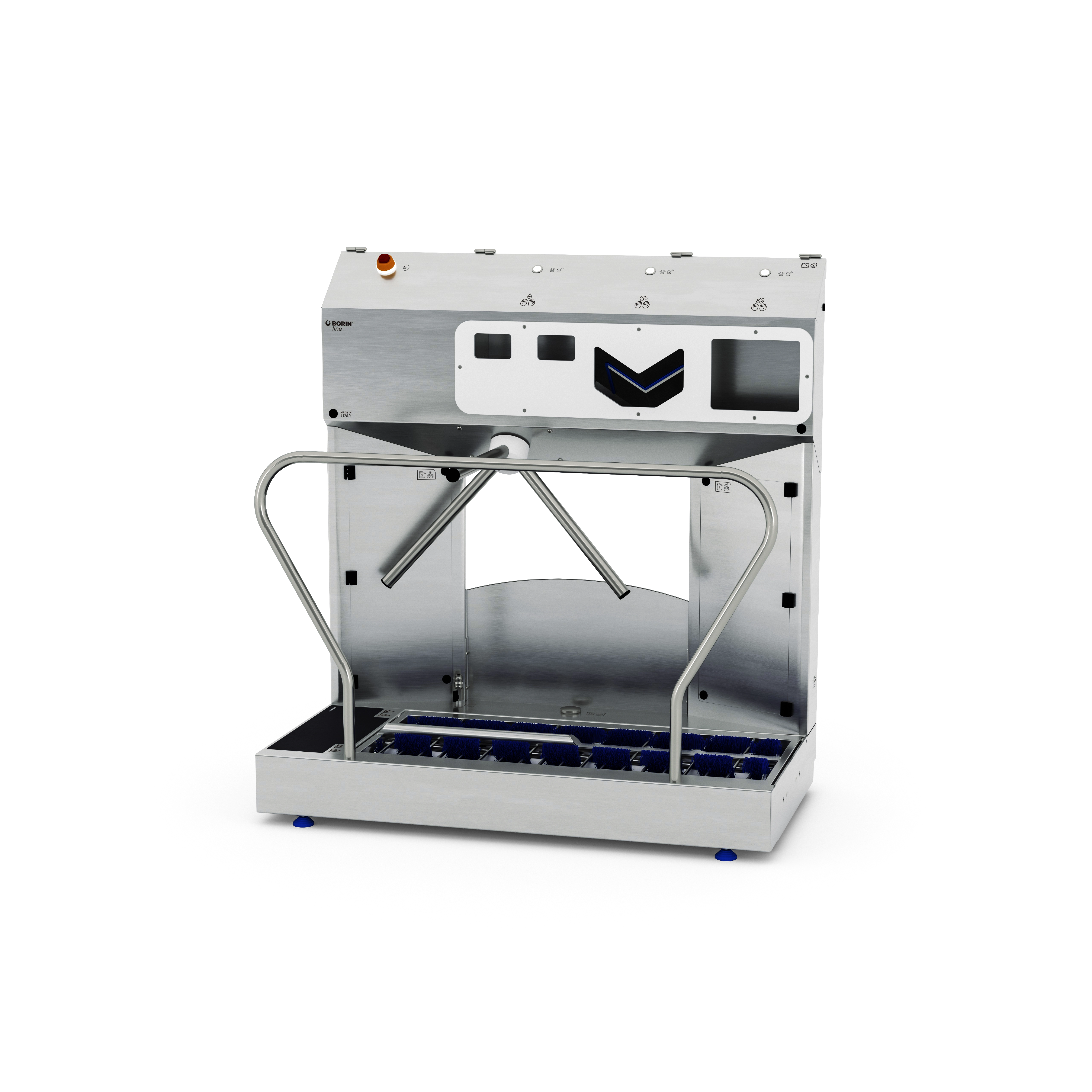 borin extreme hygiene station for complete hand hygiene and sole sanitization, with electromechanical turnstile and air hand drying, right-side entry without side entry handrail