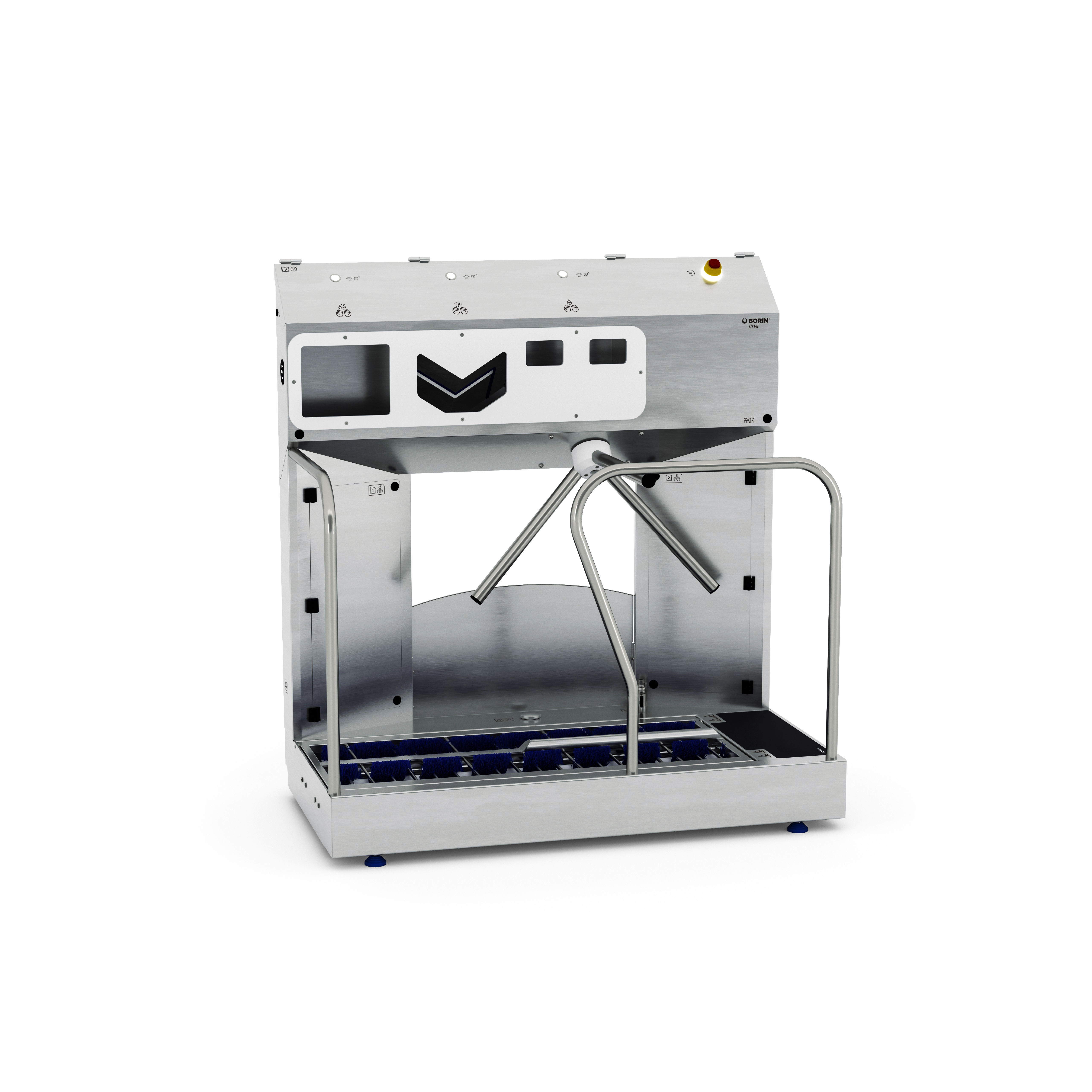 borin extreme hygiene station for complete hand hygiene and sole sanitization, with electromechanical turnstile and air hand drying, front left entry with side entry handrail