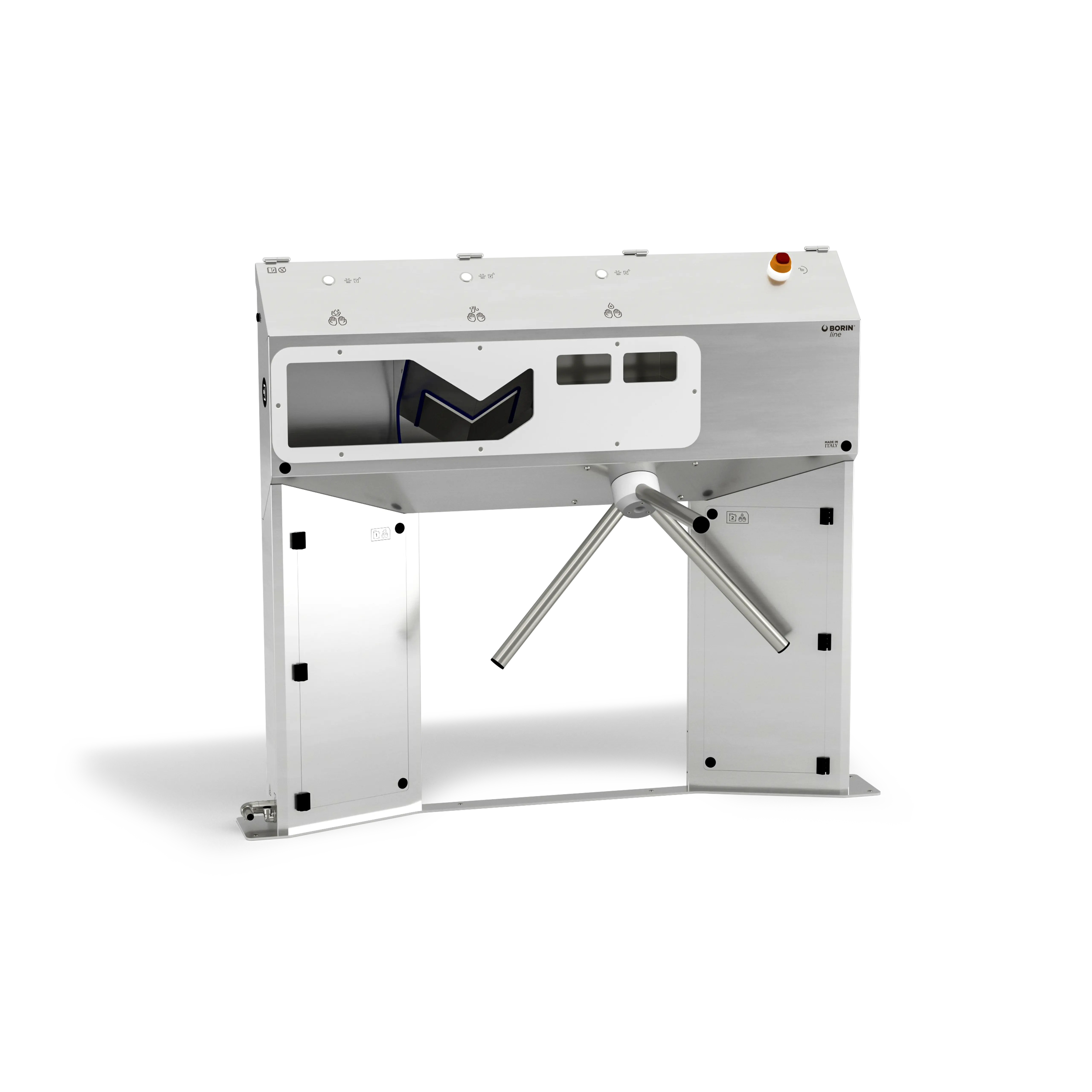 stazione igienizzante borin cubana maxi per l’igiene completa delle mani, con tornello elettromeccanico, asciugatura ad aria e ingresso laterale sinistro