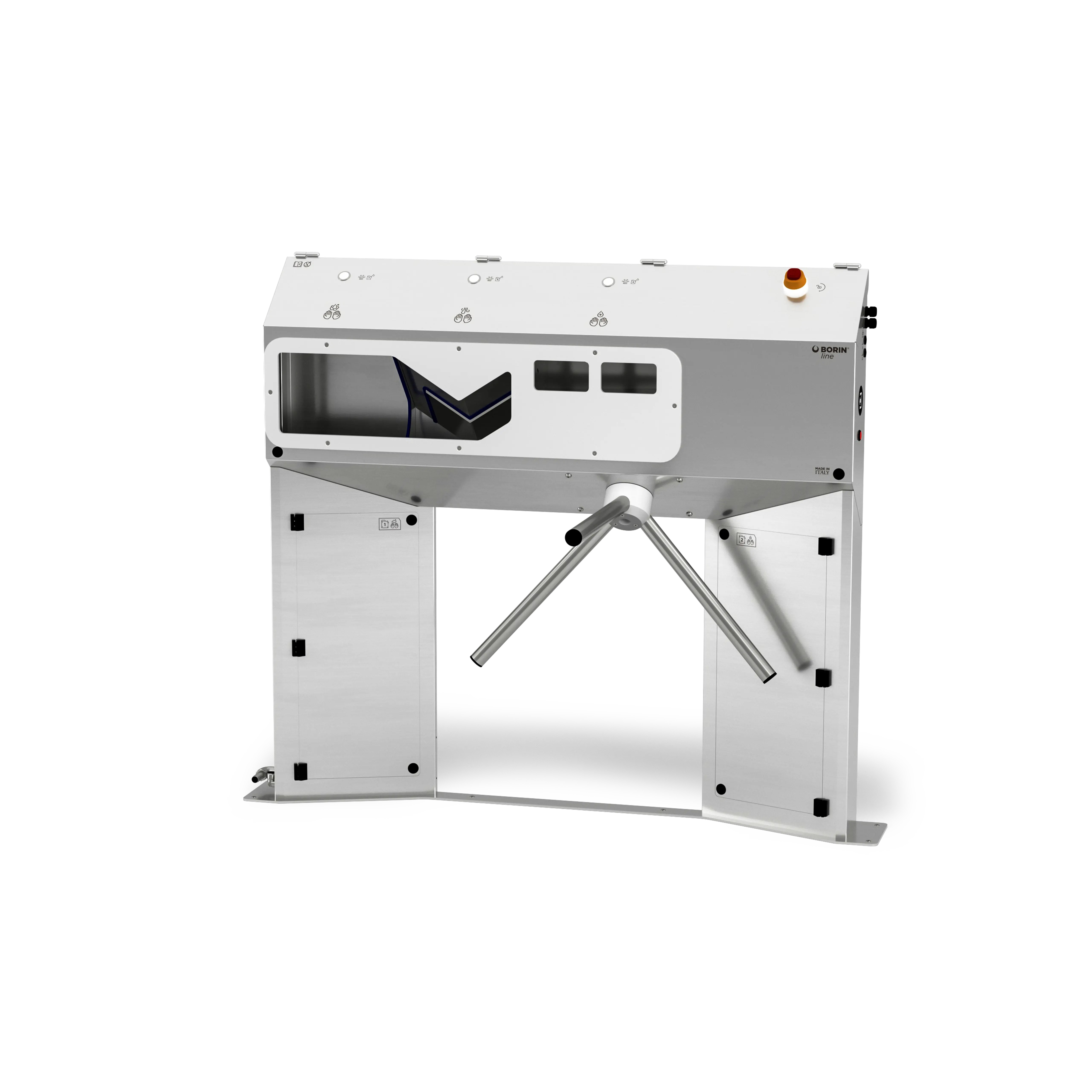 stazione igienizzante borin cubana maxi per l’igiene completa delle mani, con tornello elettromeccanico, asciugatura ad aria e ingresso laterale sinistro