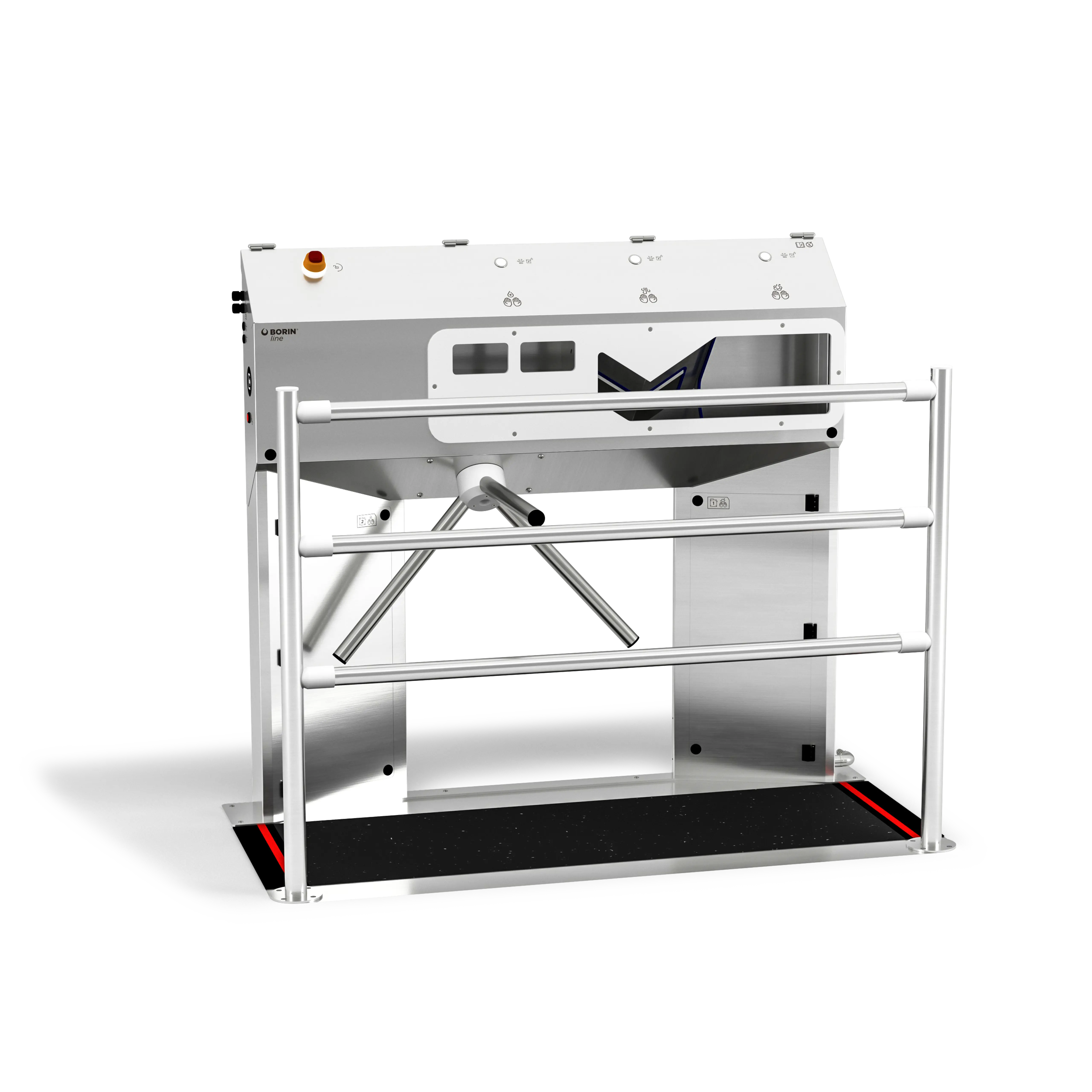 stazione igienizzante borin cubana maxi per l’igiene completa delle mani e la disinfezione a secco delle suole con tappeto silver, con tornello elettromeccanico, asciugatura ad aria e ingresso laterale destro