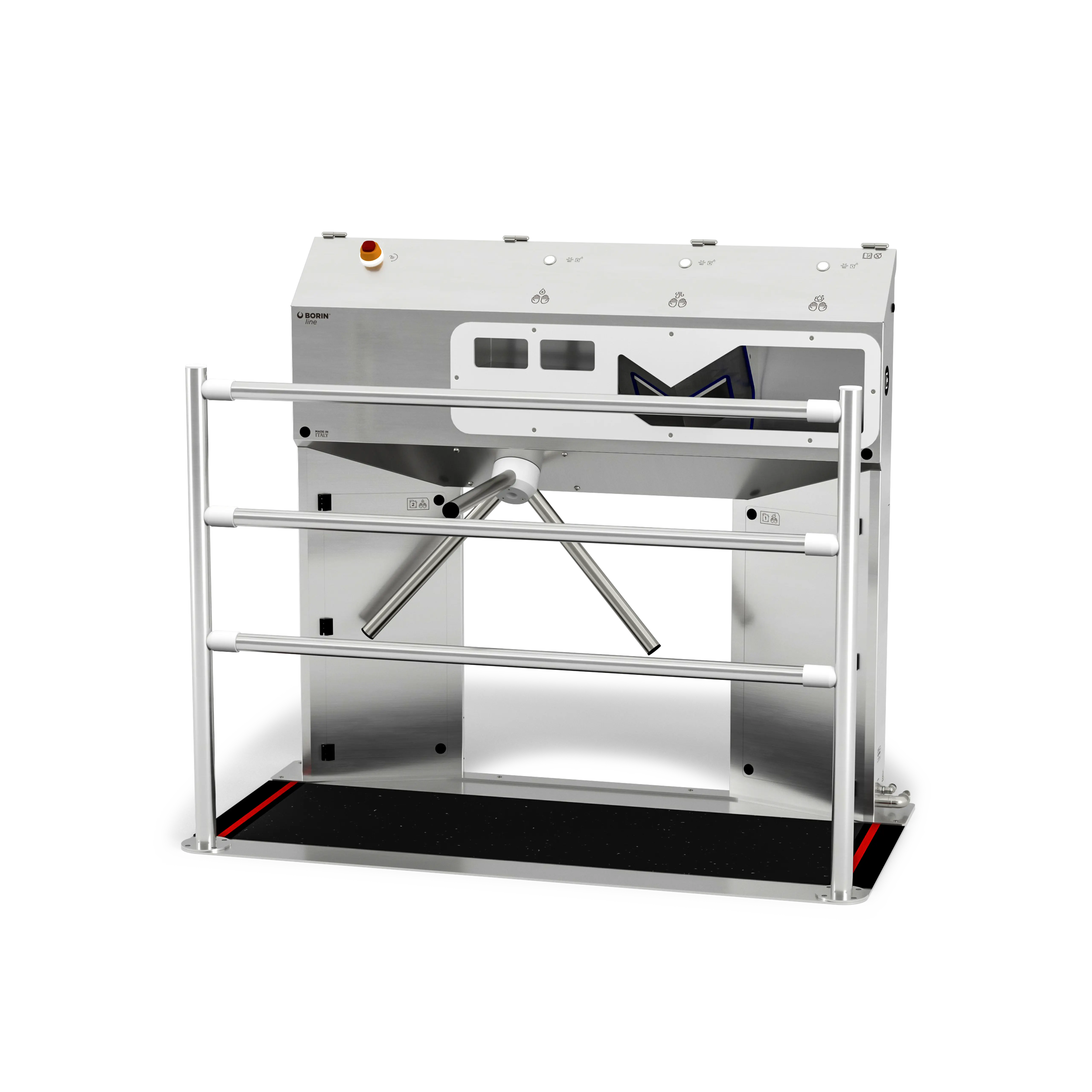 stazione igienizzante borin cubana maxi per l’igiene completa delle mani e la disinfezione a secco delle suole con tappeto silver, con tornello elettromeccanico, asciugatura ad aria e ingresso laterale destro