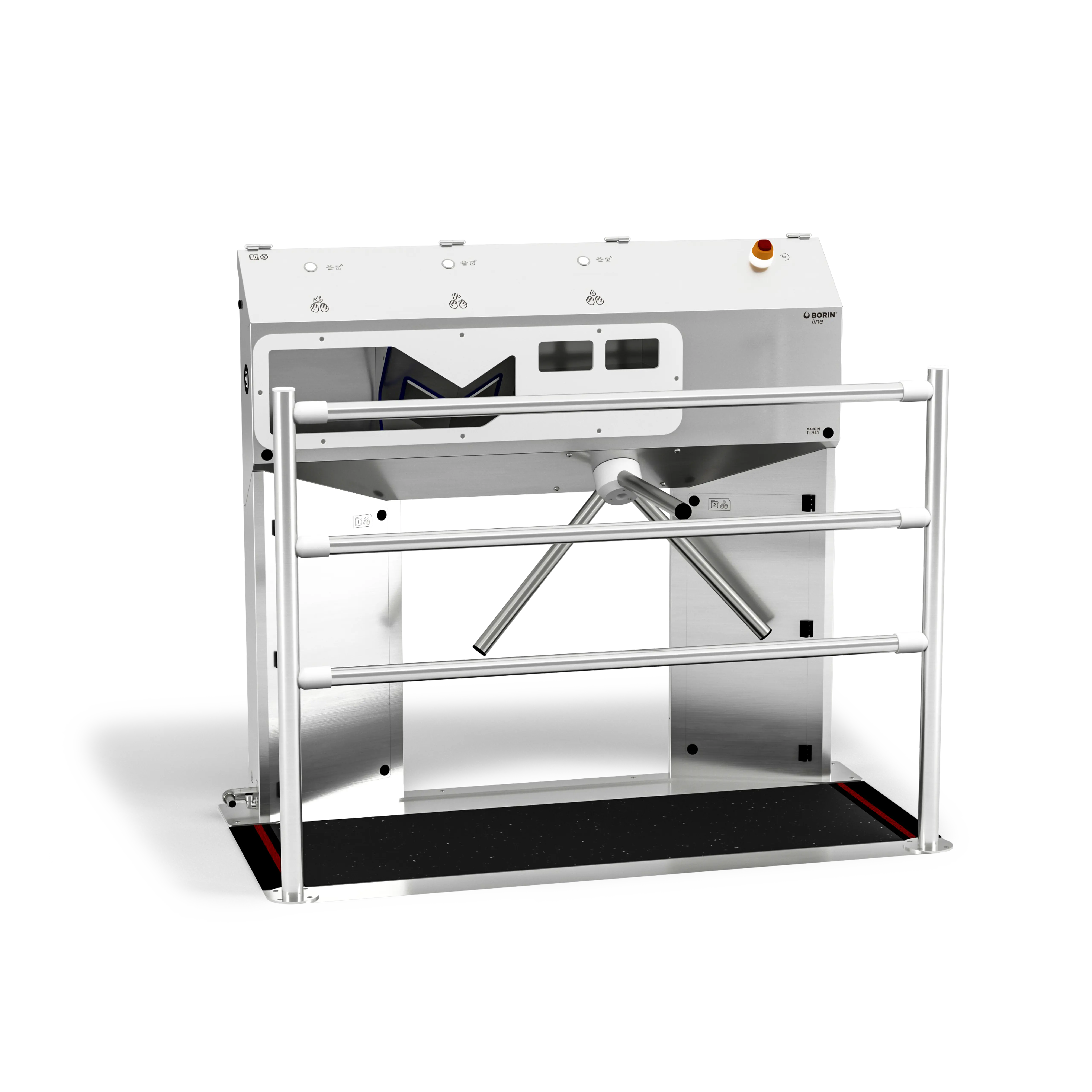 stazione igienizzante borin cubana maxi per l’igiene completa delle mani e la disinfezione a secco delle suole con tappeto silver, con tornello elettromeccanico, asciugatura ad aria e ingresso laterale sinistro