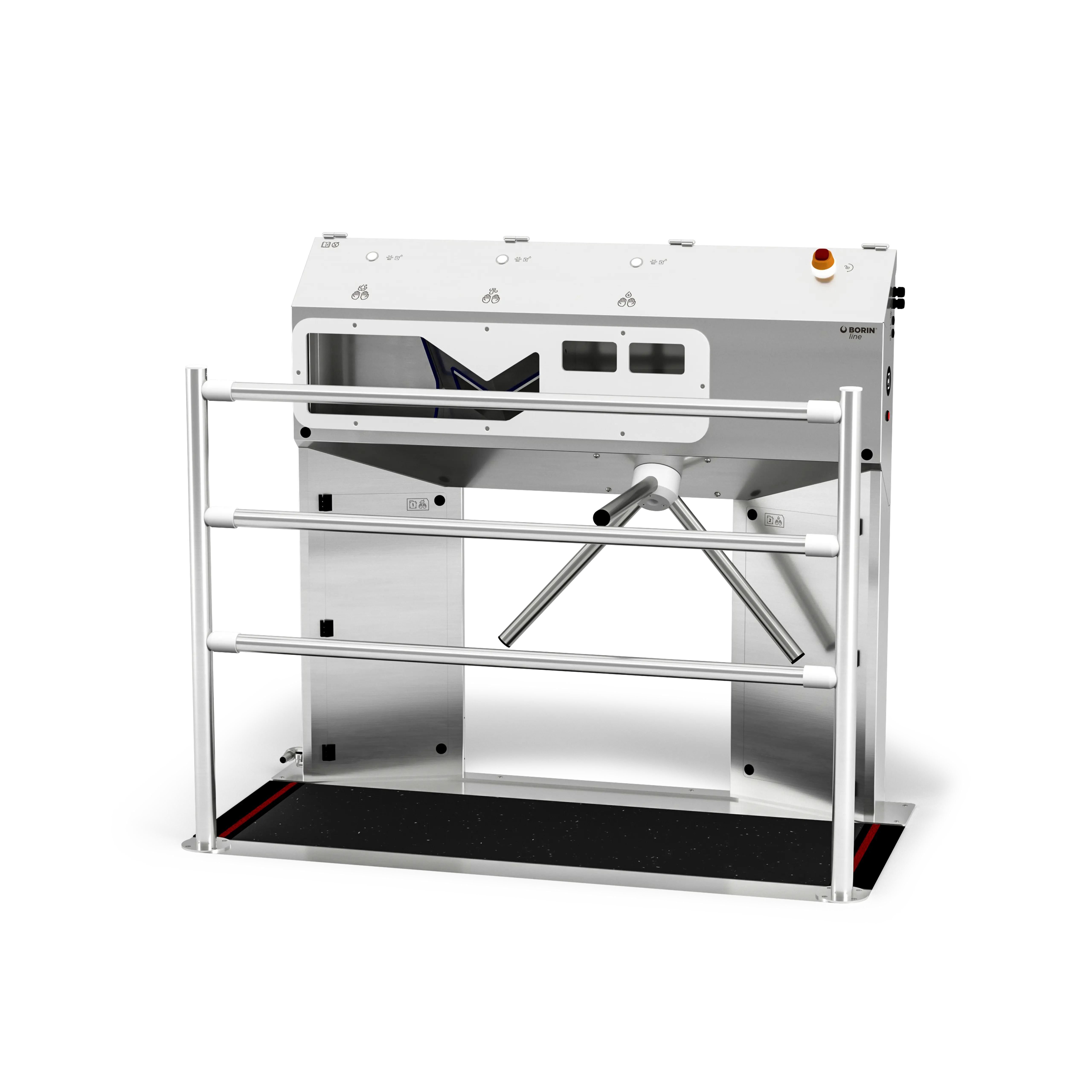 stazione igienizzante borin cubana maxi per l’igiene completa delle mani e la disinfezione a secco delle suole con tappeto silver, con tornello elettromeccanico, asciugatura ad aria e ingresso laterale sinistro