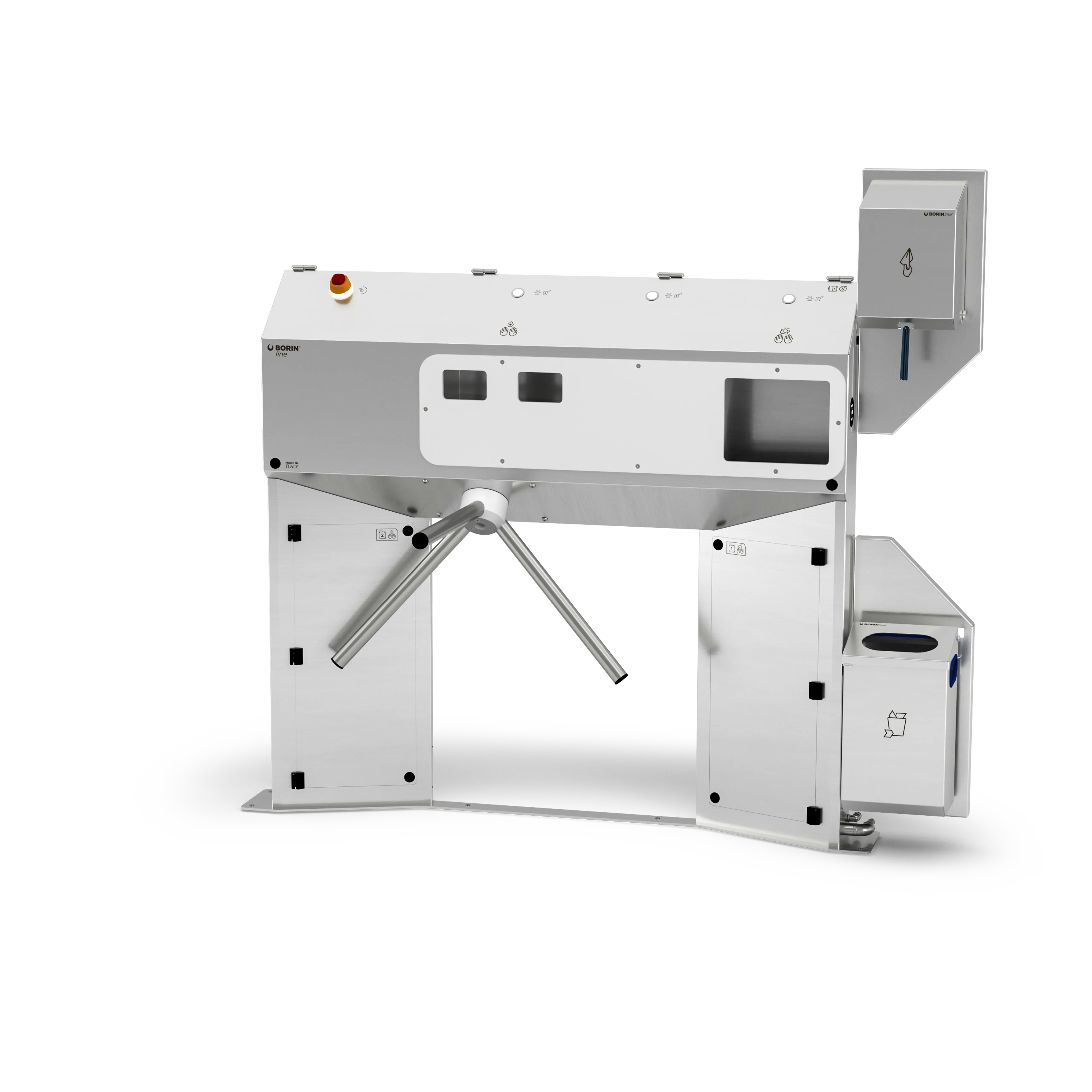 stazione igienizzante borin cubana maxi per l’igiene completa delle mani, con tornello elettromeccanico, asciugatura delle mani con carta ad estrazione verticale e ingresso laterale destro