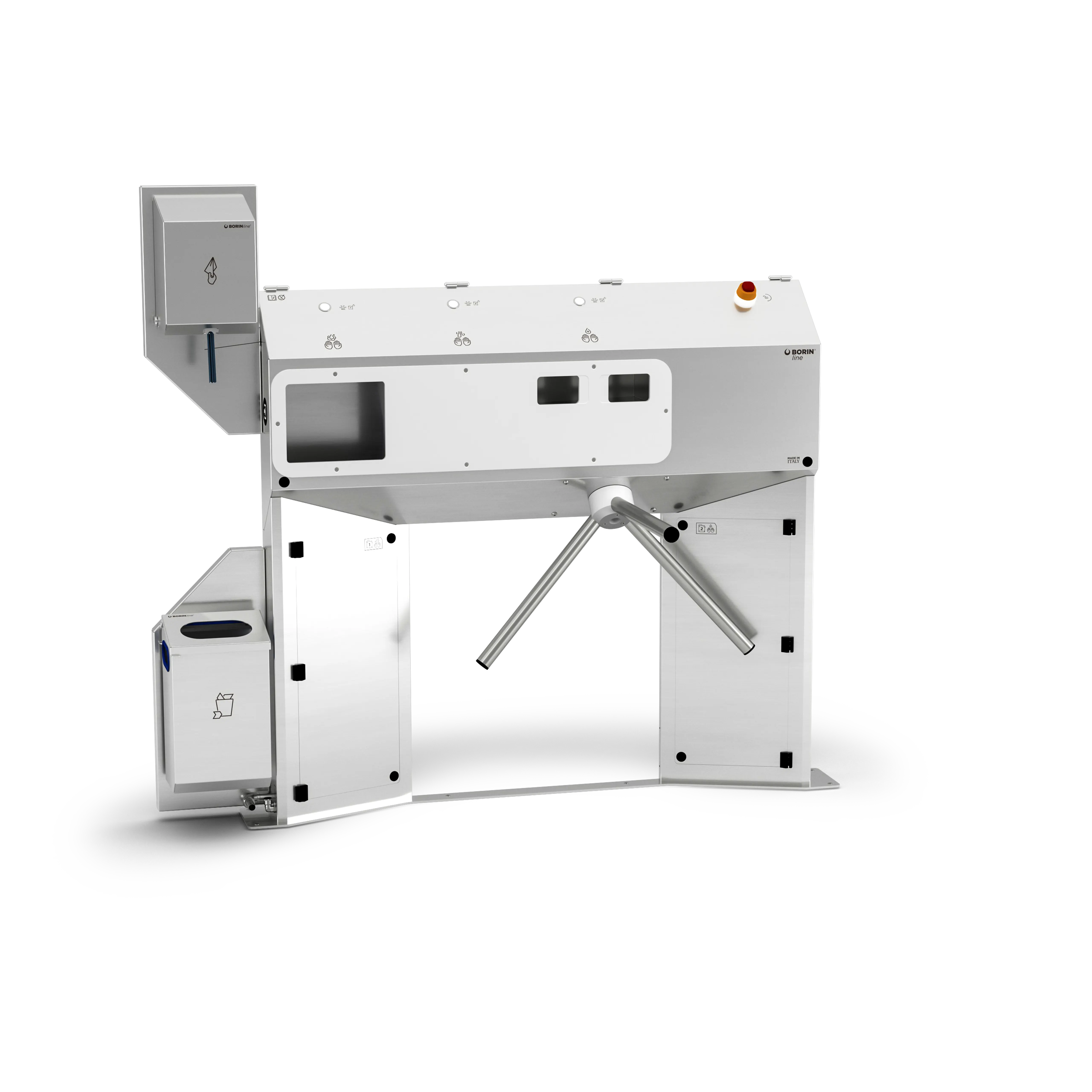 stazione igienizzante borin cubana maxi per l’igiene completa delle mani, con tornello elettromeccanico, asciugatura delle mani con carta ad estrazione verticale e ingresso laterale sinistro