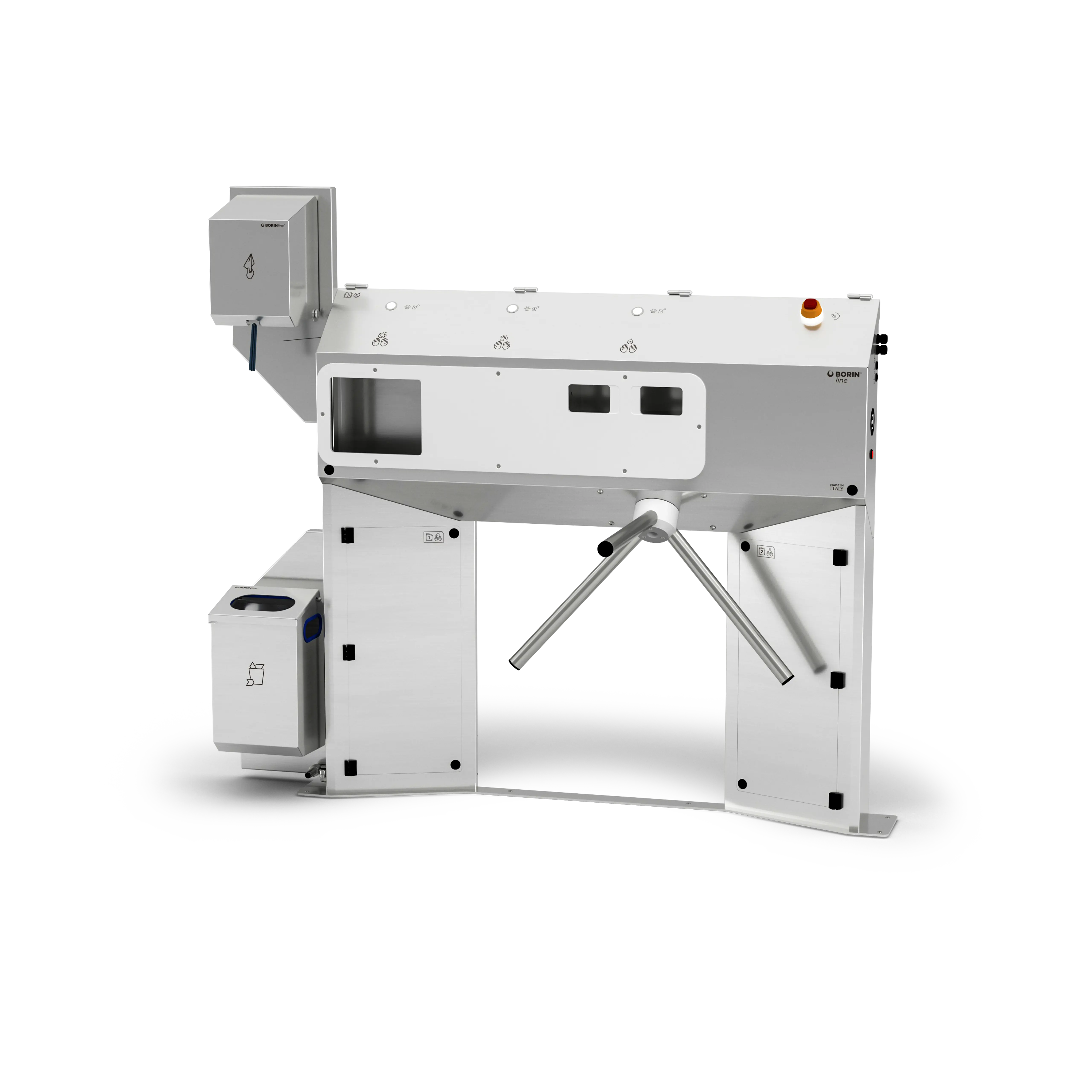 stazione igienizzante borin cubana maxi per l’igiene completa delle mani, con tornello elettromeccanico, asciugatura delle mani con carta ad estrazione verticale e ingresso laterale sinistro
