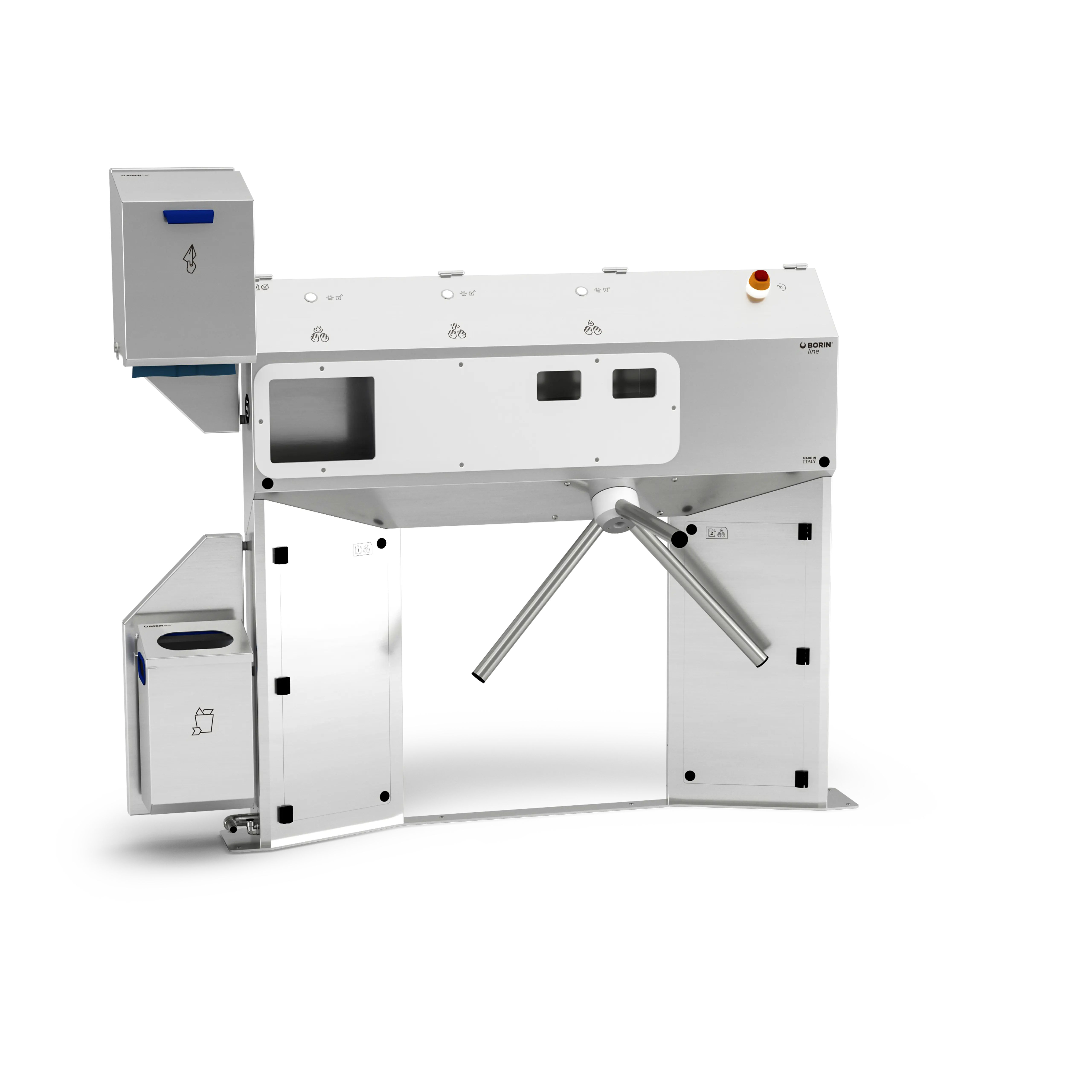 stazione igienizzante borin cubana maxi per l’igiene completa delle mani, con tornello elettromeccanico, asciugatura delle mani con carta a pretaglio ad estrazione orizzontale e ingresso laterale sinistro