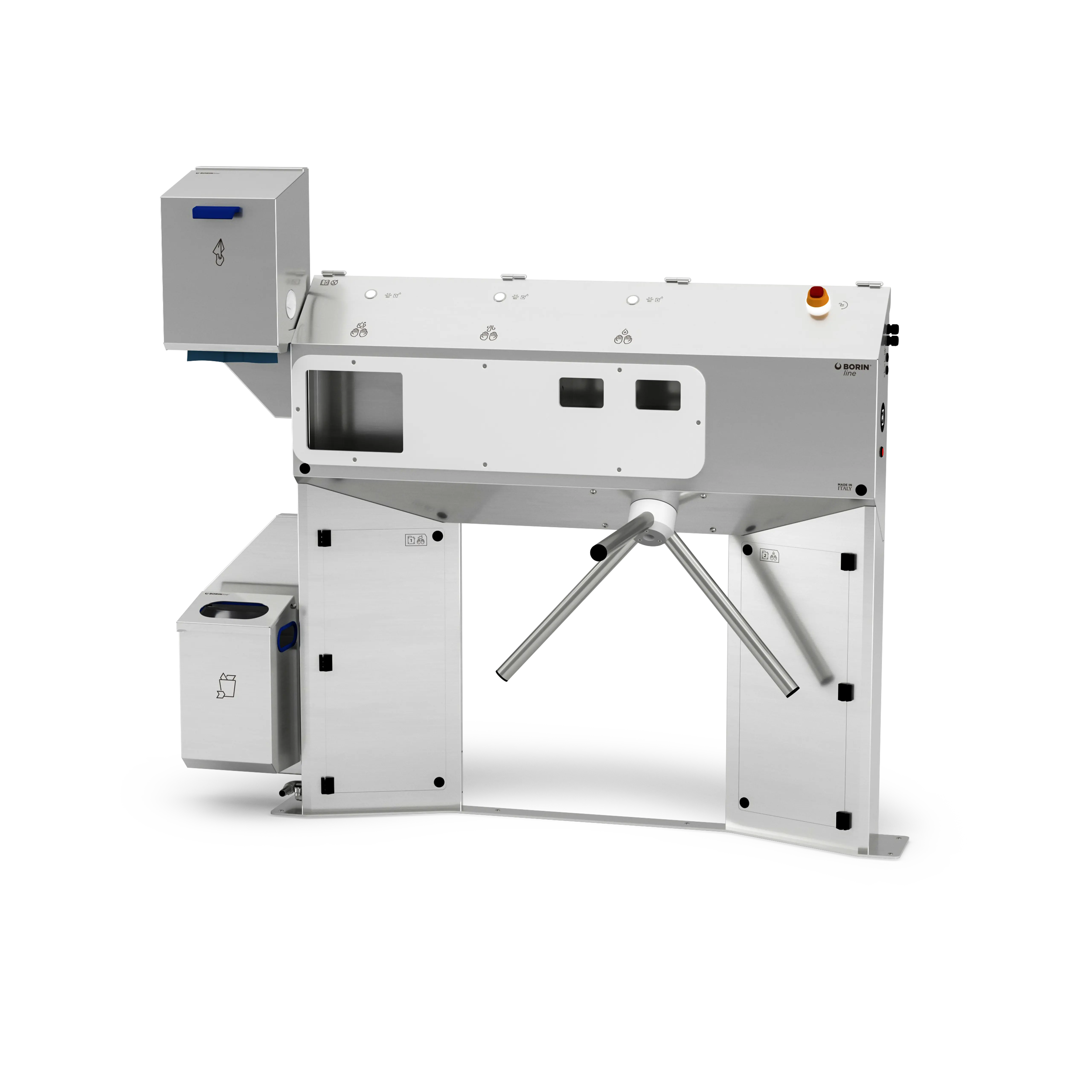 stazione igienizzante borin cubana maxi per l’igiene completa delle mani, con tornello elettromeccanico, asciugatura delle mani con carta a pretaglio ad estrazione orizzontale e ingresso laterale sinistro