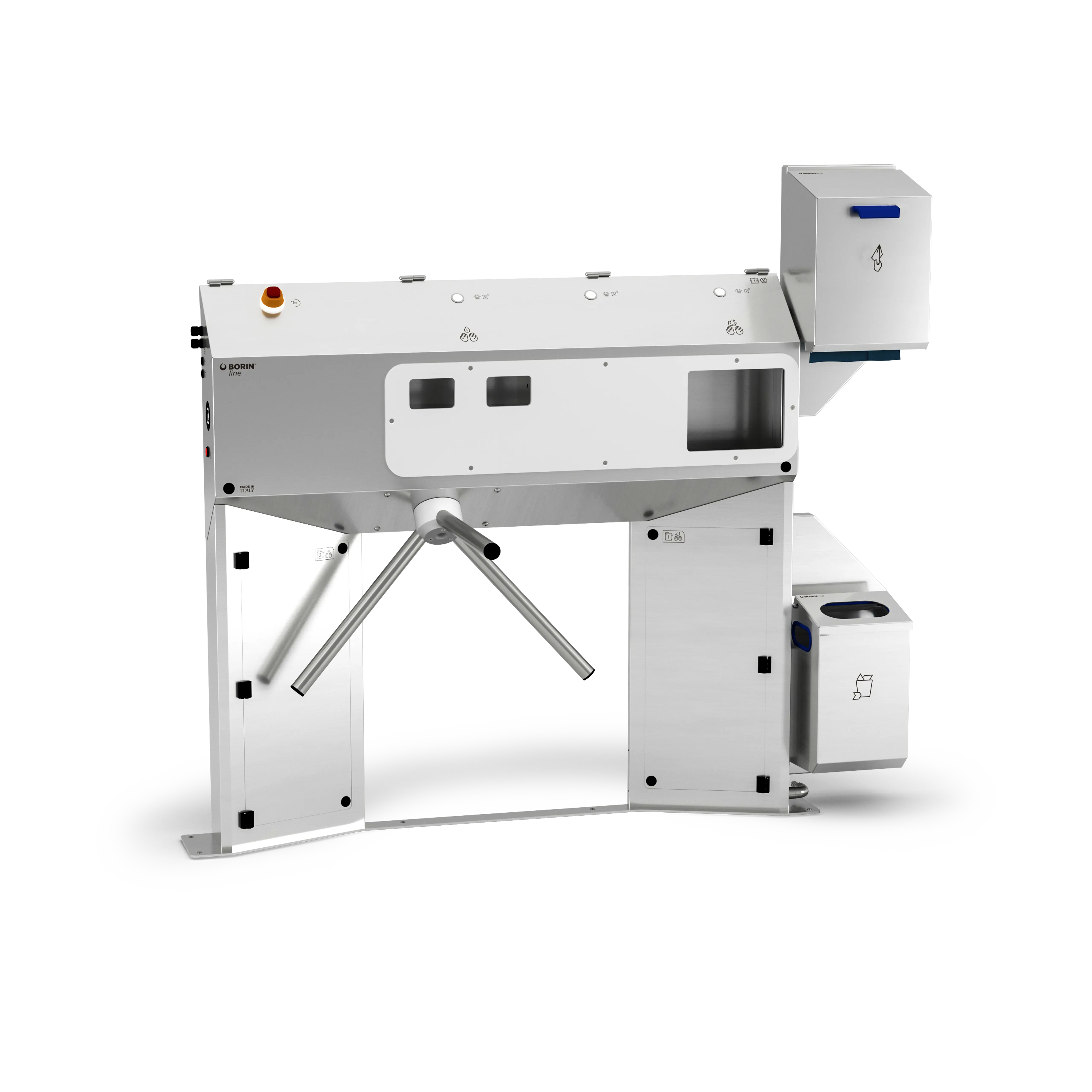 stazione igienizzante borin cubana maxi per l’igiene completa delle mani, con tornello elettromeccanico, asciugatura delle mani con carta a pretaglio ad estrazione orizzontale e ingresso laterale destro