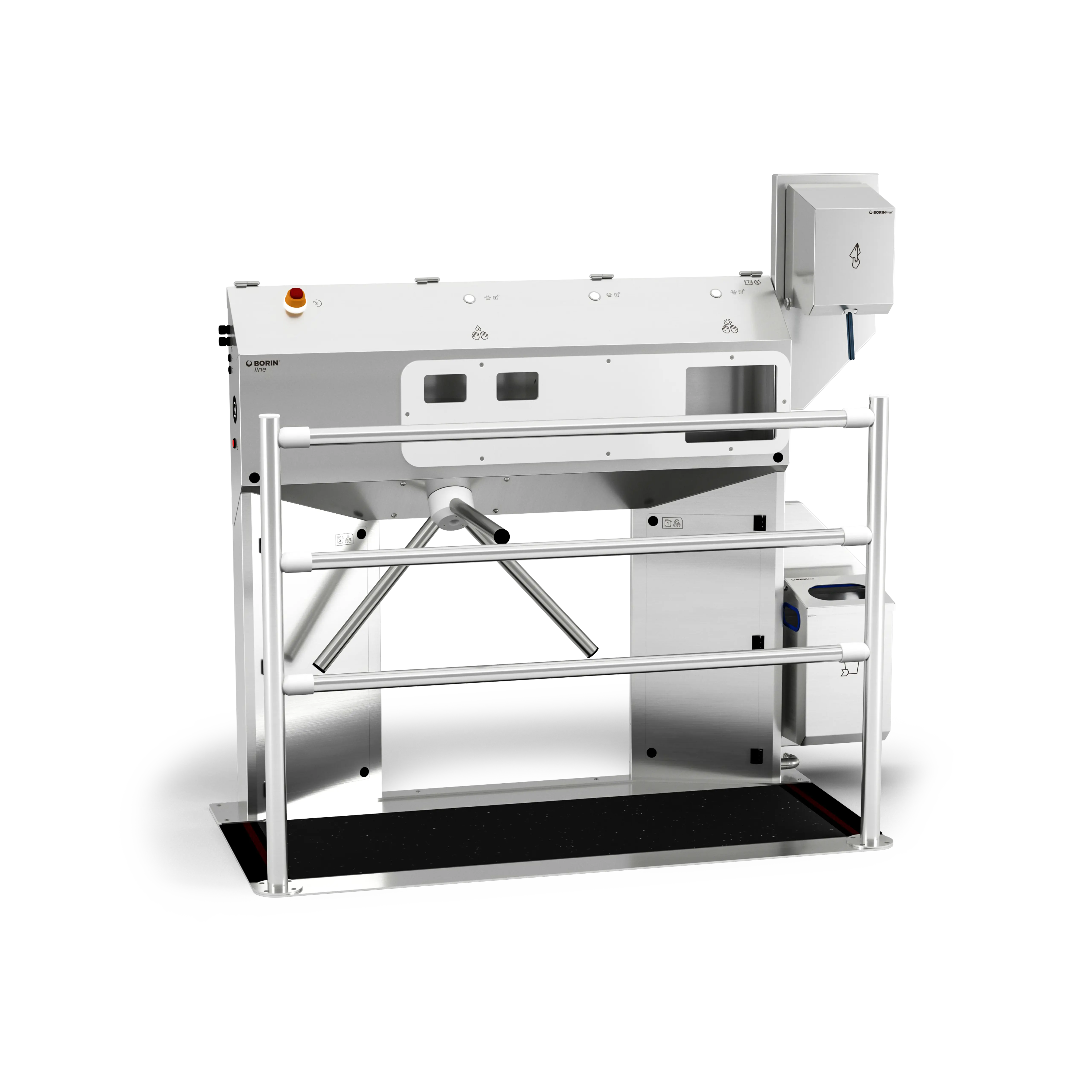 stazione igienizzante borin cubana maxi per l’igiene completa delle mani e la disinfezione a secco delle suole con tappeto silver, con tornello elettromeccanico, asciugatura delle mani con carta ad estrazione verticale e ingresso laterale destro