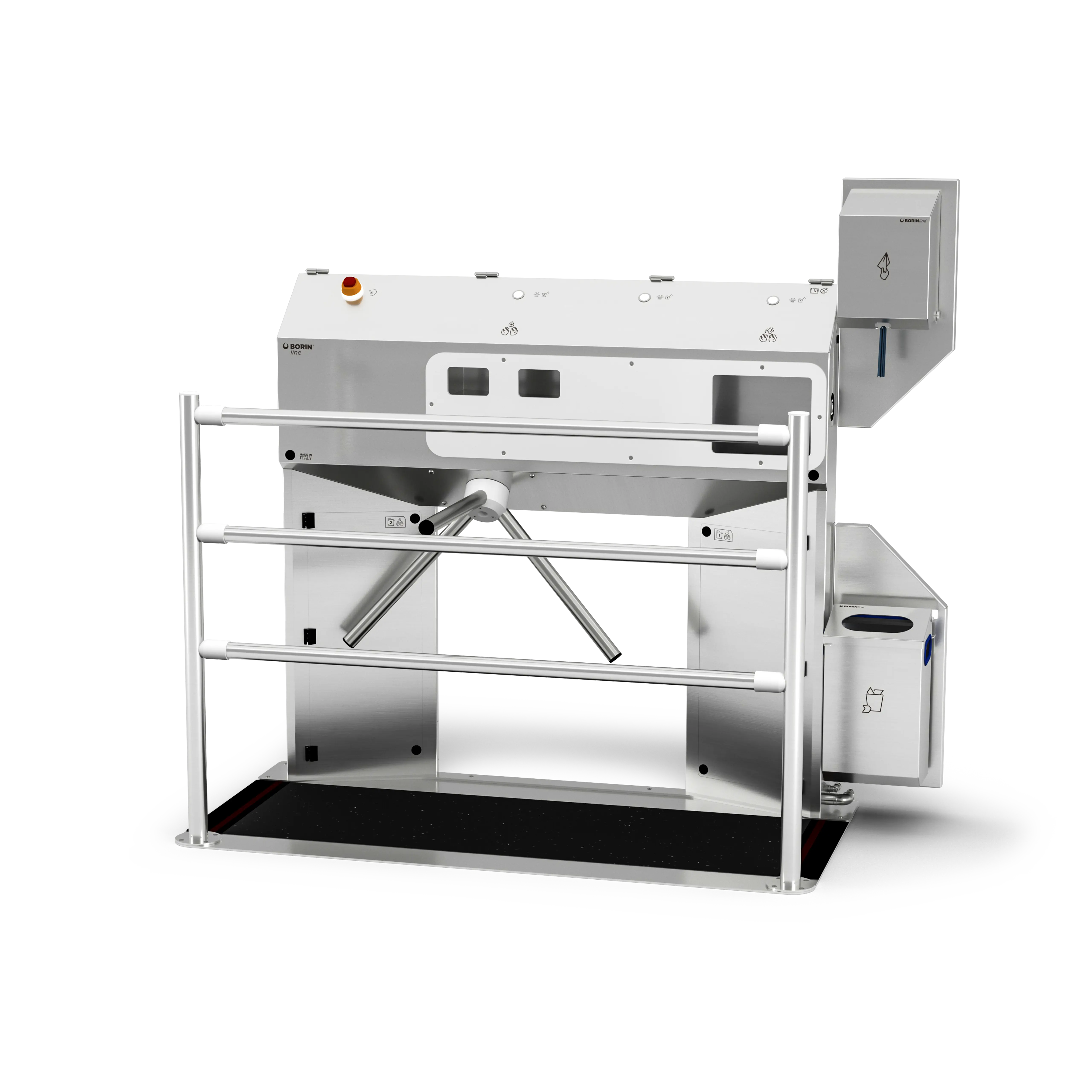 stazione igienizzante borin cubana maxi per l’igiene completa delle mani e la disinfezione a secco delle suole con tappeto silver, con tornello elettromeccanico, asciugatura delle mani con carta ad estrazione verticale e ingresso laterale destro