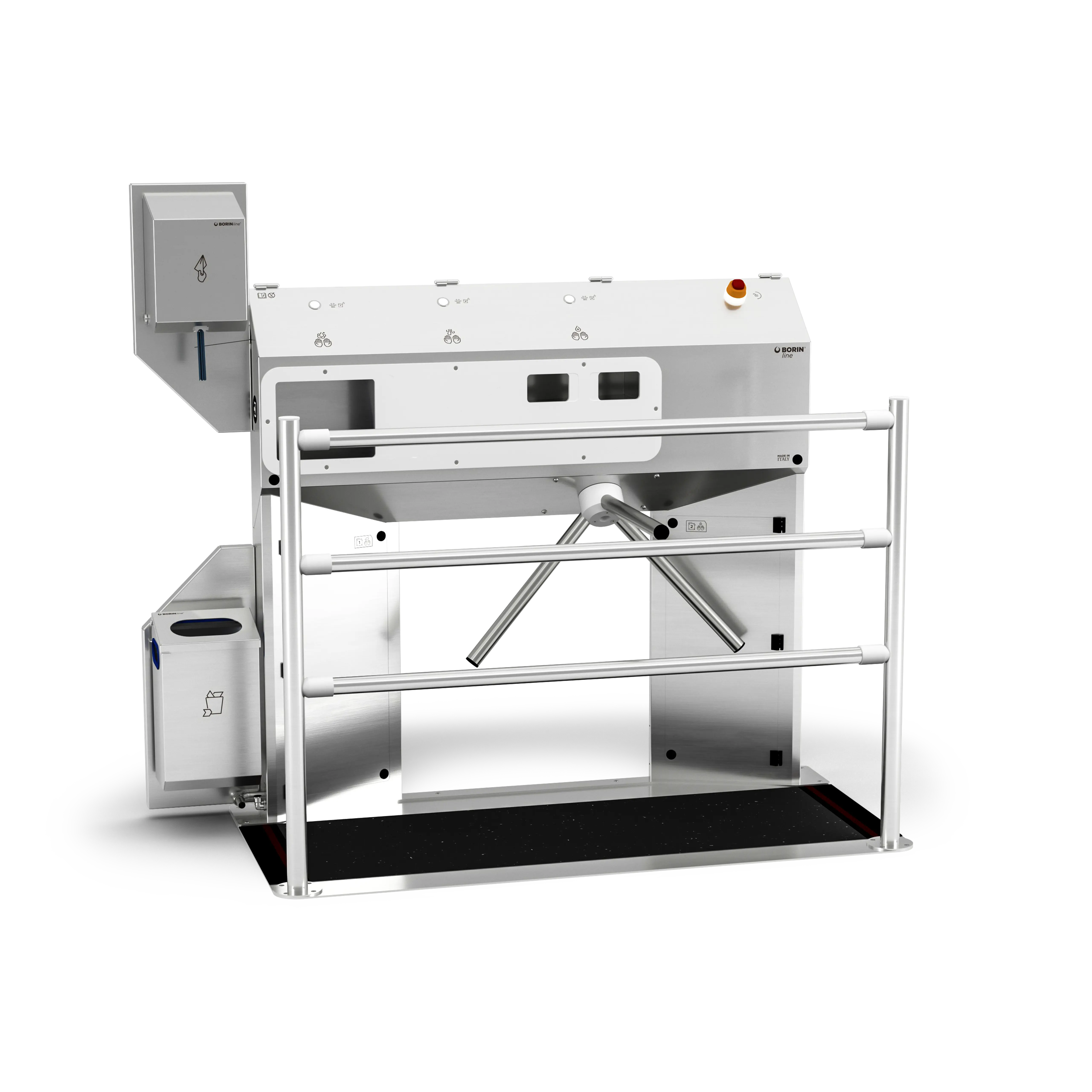 stazione igienizzante borin cubana maxi per l’igiene completa delle mani e la disinfezione a secco delle suole con tappeto silver, con tornello elettromeccanico, asciugatura delle mani con carta ad estrazione verticale e ingresso laterale sinistro