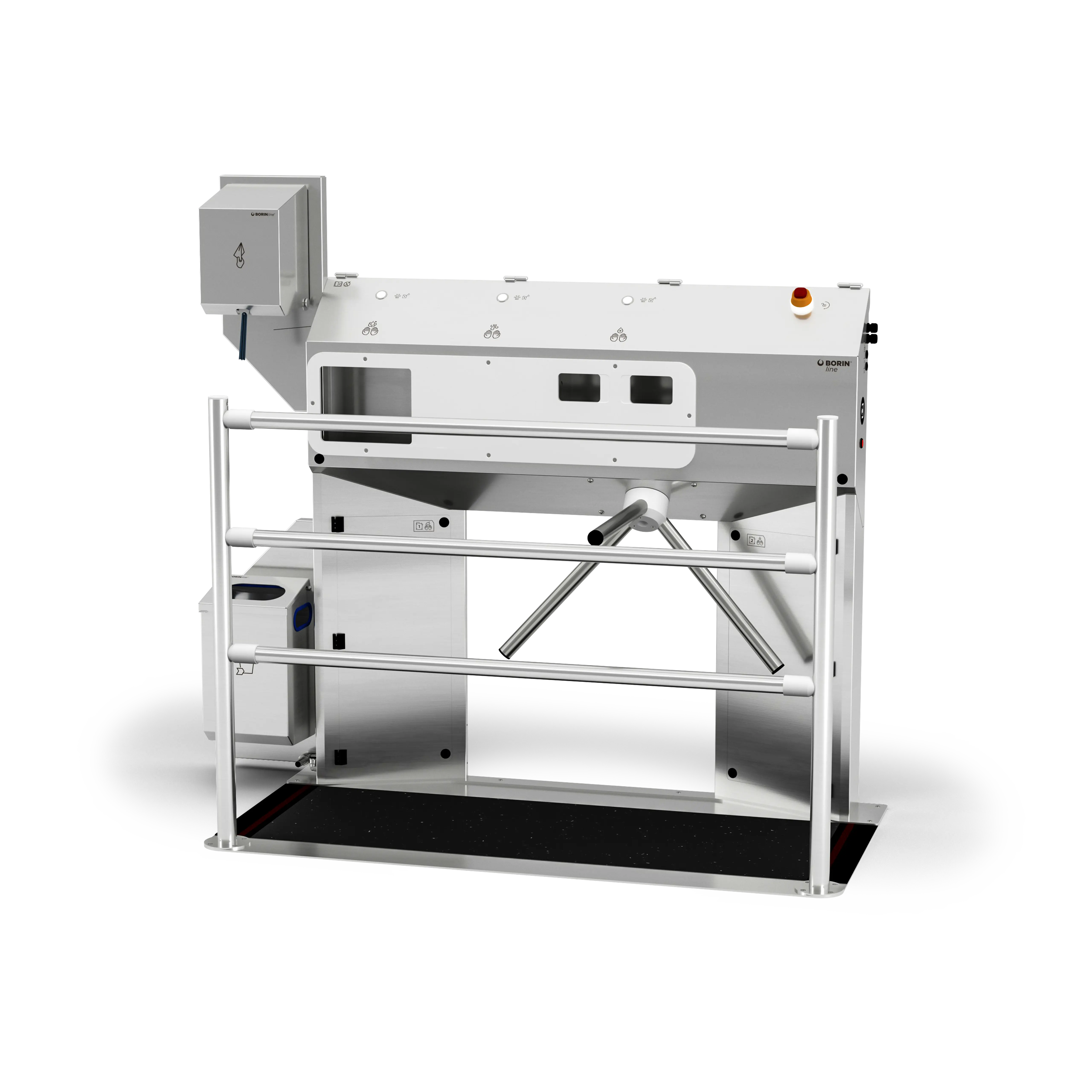 stazione igienizzante borin cubana maxi per l’igiene completa delle mani e la disinfezione a secco delle suole con tappeto silver, con tornello elettromeccanico, asciugatura delle mani con carta ad estrazione verticale e ingresso laterale sinistro