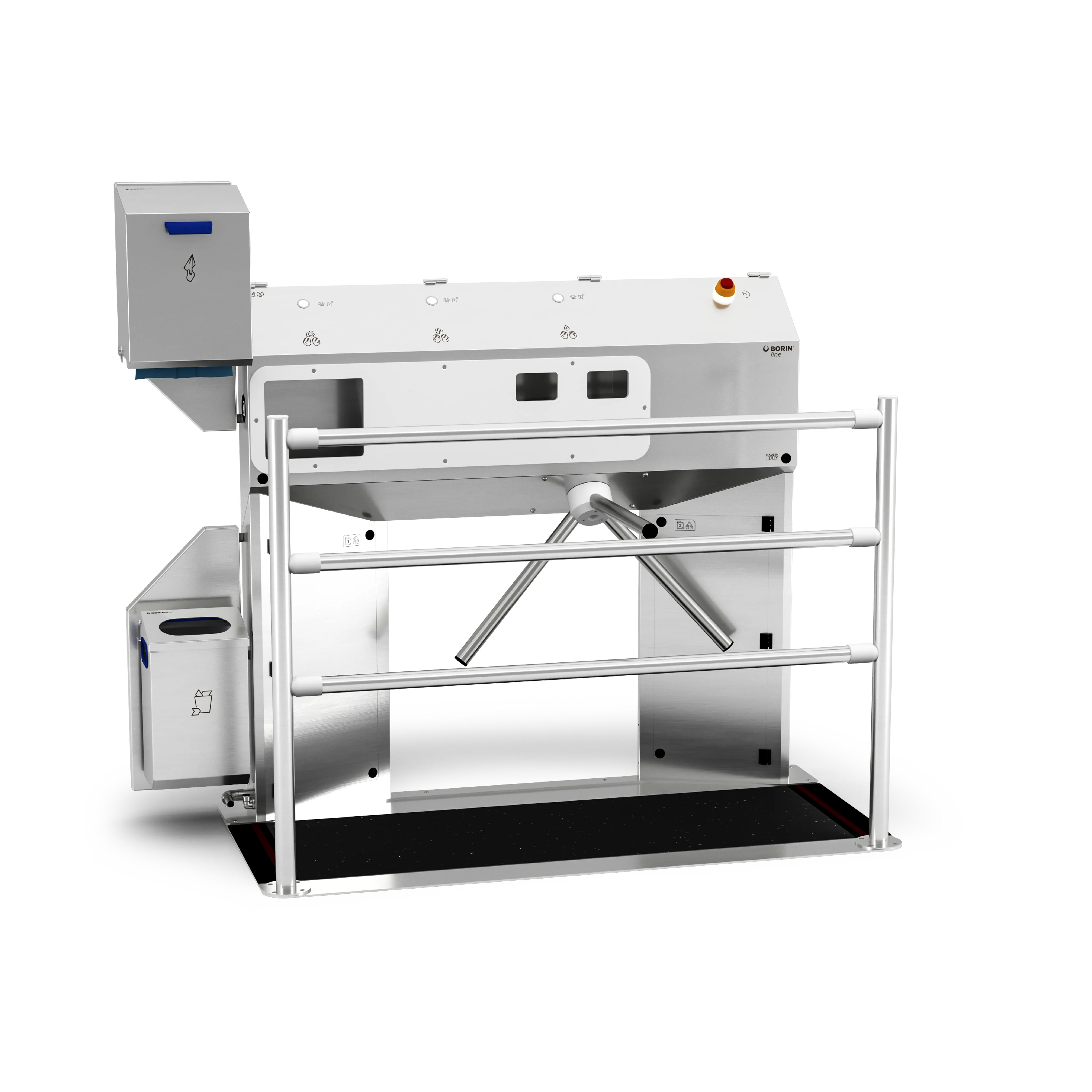 stazione igienizzante borin cubana maxi per l’igiene completa delle mani e la disinfezione a secco delle suole con tappeto silver, tornello elettromeccanico, asciugatura con carta a pretaglio ad estrazione orizzontale e ingresso laterale sinistro