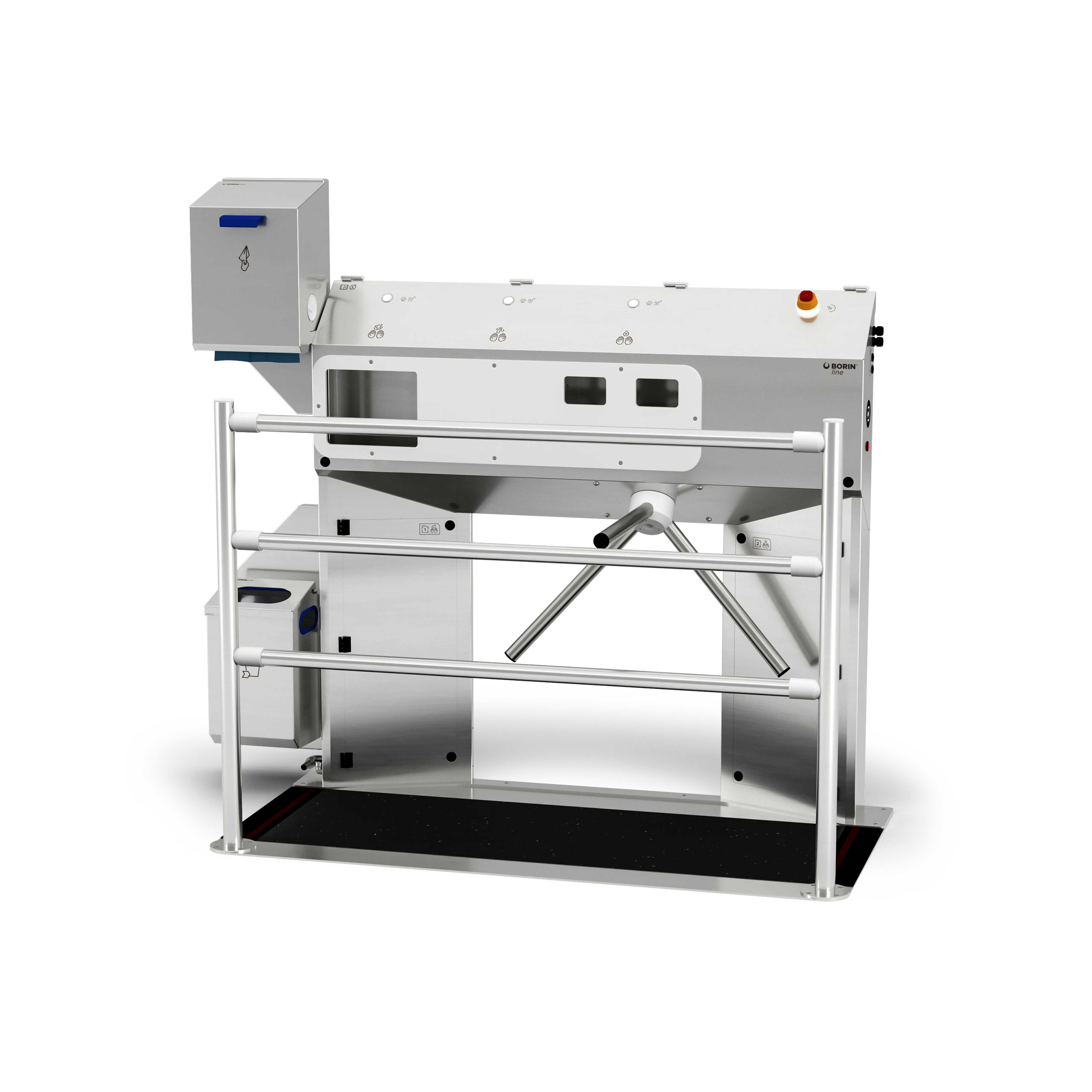 stazione igienizzante borin cubana maxi per l’igiene completa delle mani e la disinfezione a secco delle suole con tappeto silver, tornello elettromeccanico, asciugatura con carta a pretaglio ad estrazione orizzontale e ingresso laterale sinistro