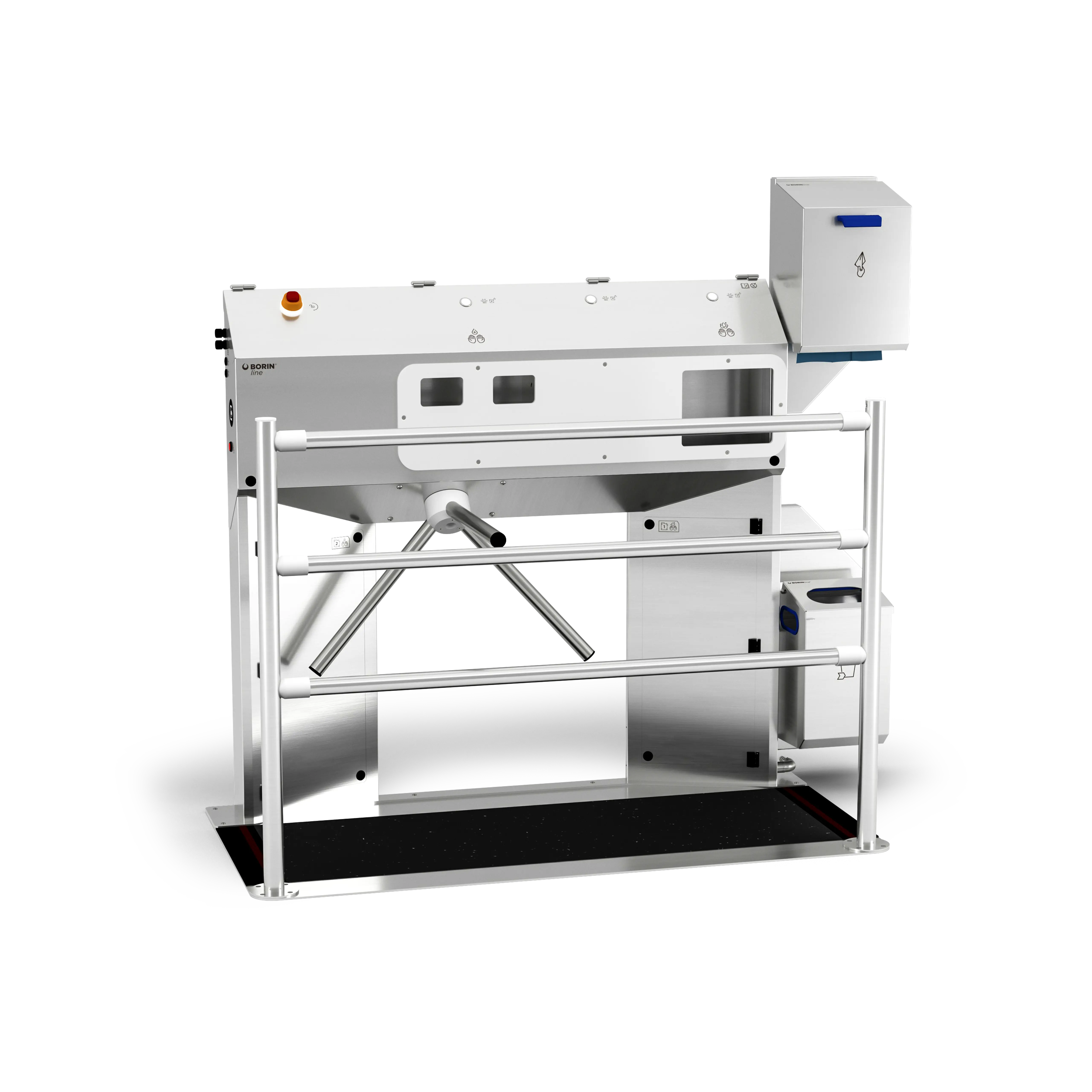 stazione igienizzante borin cubana maxi per l’igiene completa delle mani e la disinfezione a secco delle suole con tappeto silver, tornello elettromeccanico, asciugatura con carta a pretaglio ad estrazione orizzontale e ingresso laterale destro