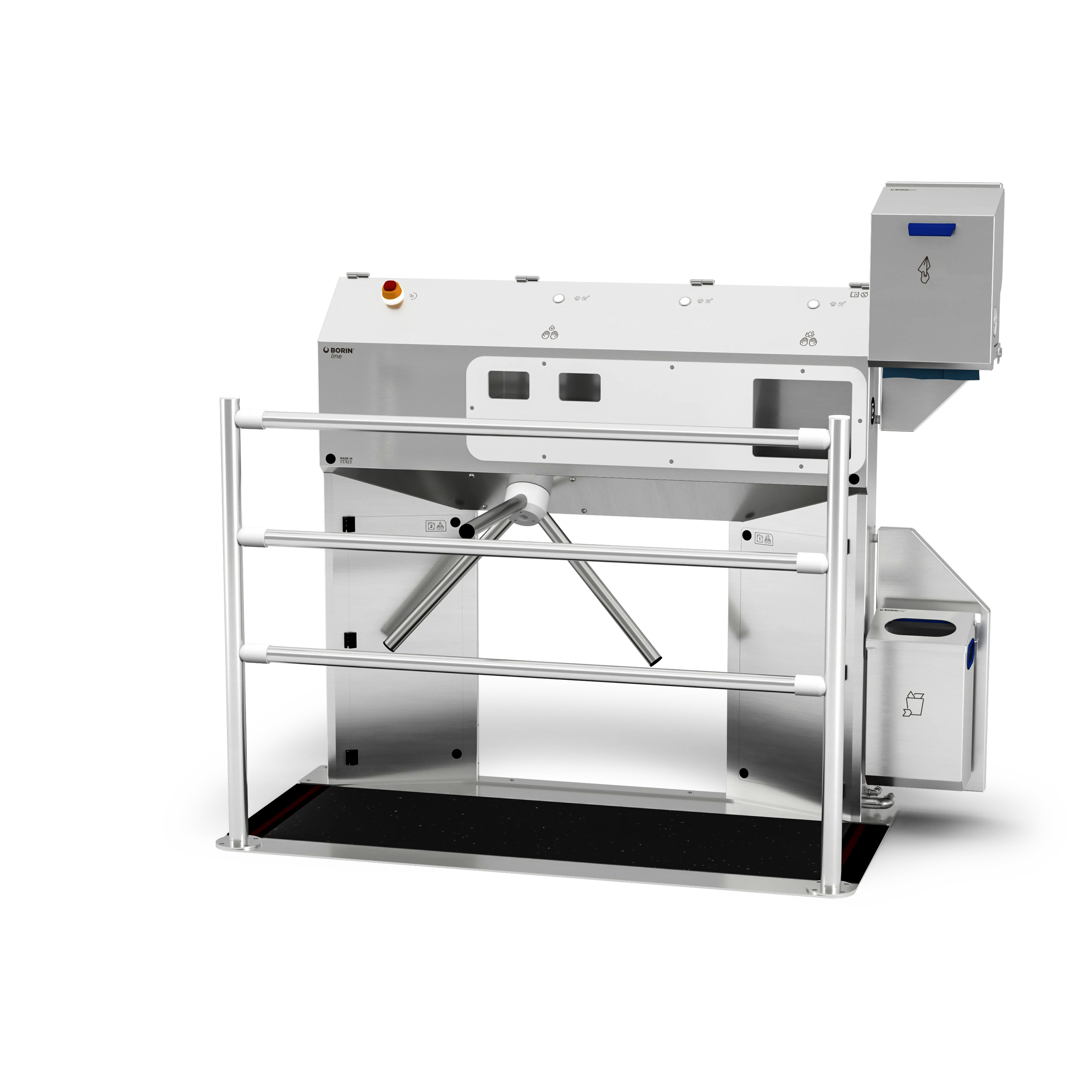 stazione igienizzante borin cubana maxi per l’igiene completa delle mani e la disinfezione a secco delle suole con tappeto silver, tornello elettromeccanico, asciugatura con carta a pretaglio ad estrazione orizzontale e ingresso laterale destro