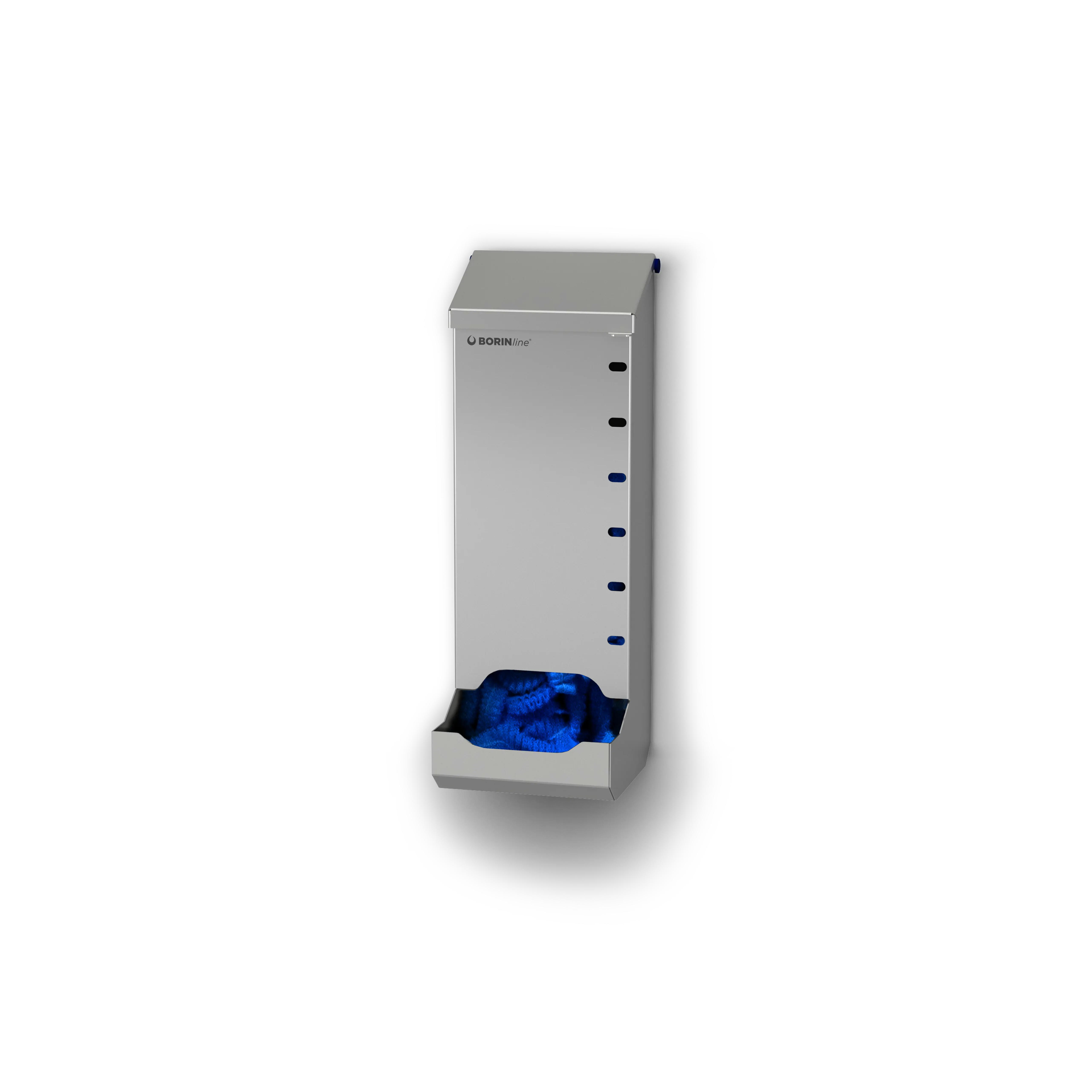 dispenser pensile borin poly in acciaio inox per dpi monouso, con coperchio a battente e vaschetta di prelievo