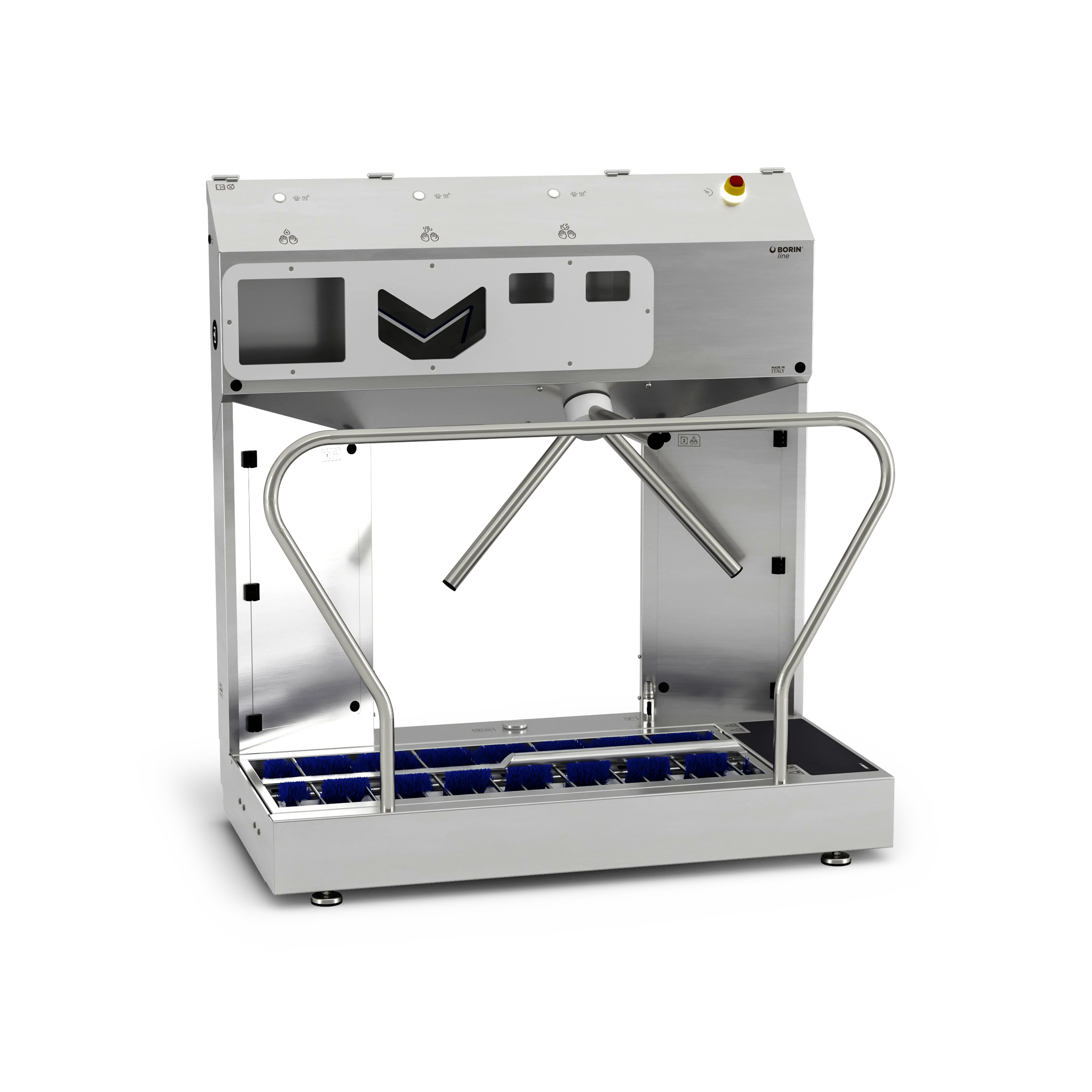 stazione igienizzante borin extreme per igiene completa delle mani e sanificazione delle suole, con tornello elettromeccanico e asciugatura ad aria delle mani, ingresso laterale sinistro senza ringhiera laterale in entrata