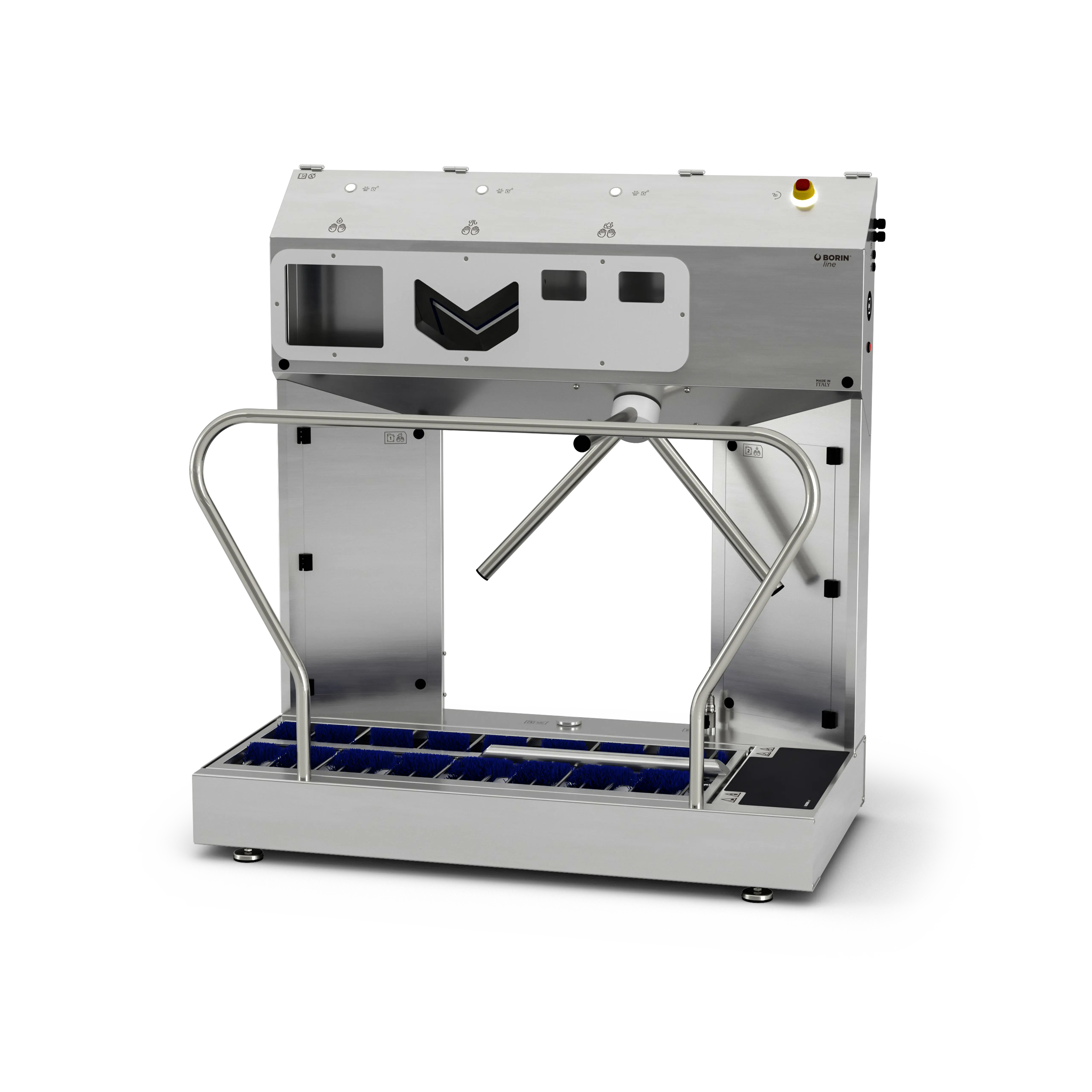 borin extreme hygiene station for complete hand hygiene and sole sanitization, with electromechanical turnstile and air hand drying, left-side entry without side entry handrail
