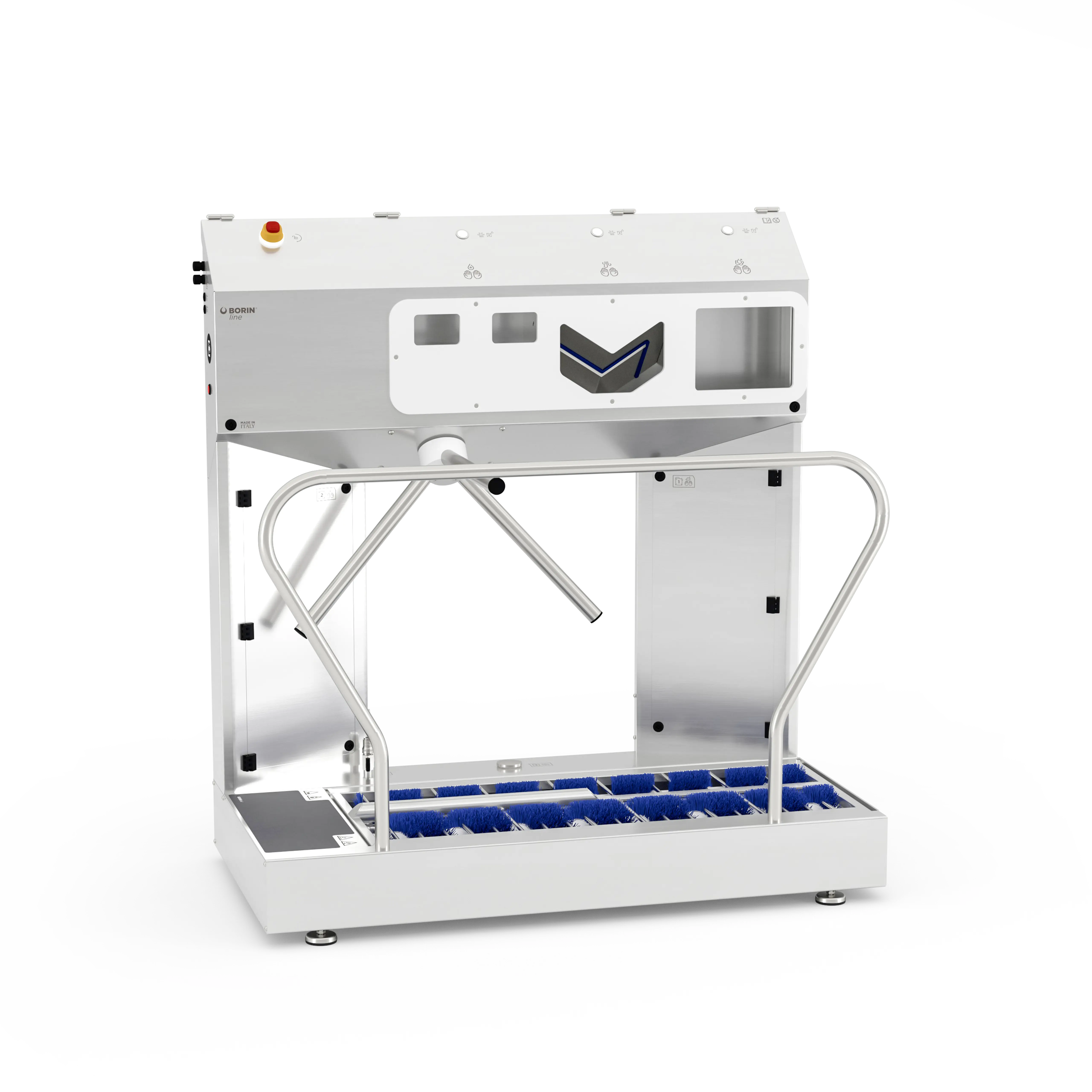 stazione igienizzante borin extreme per igiene completa delle mani e sanificazione delle suole, con tornello elettromeccanico e asciugatura ad aria delle mani, ingresso laterale destro senza ringhiera laterale in entrata