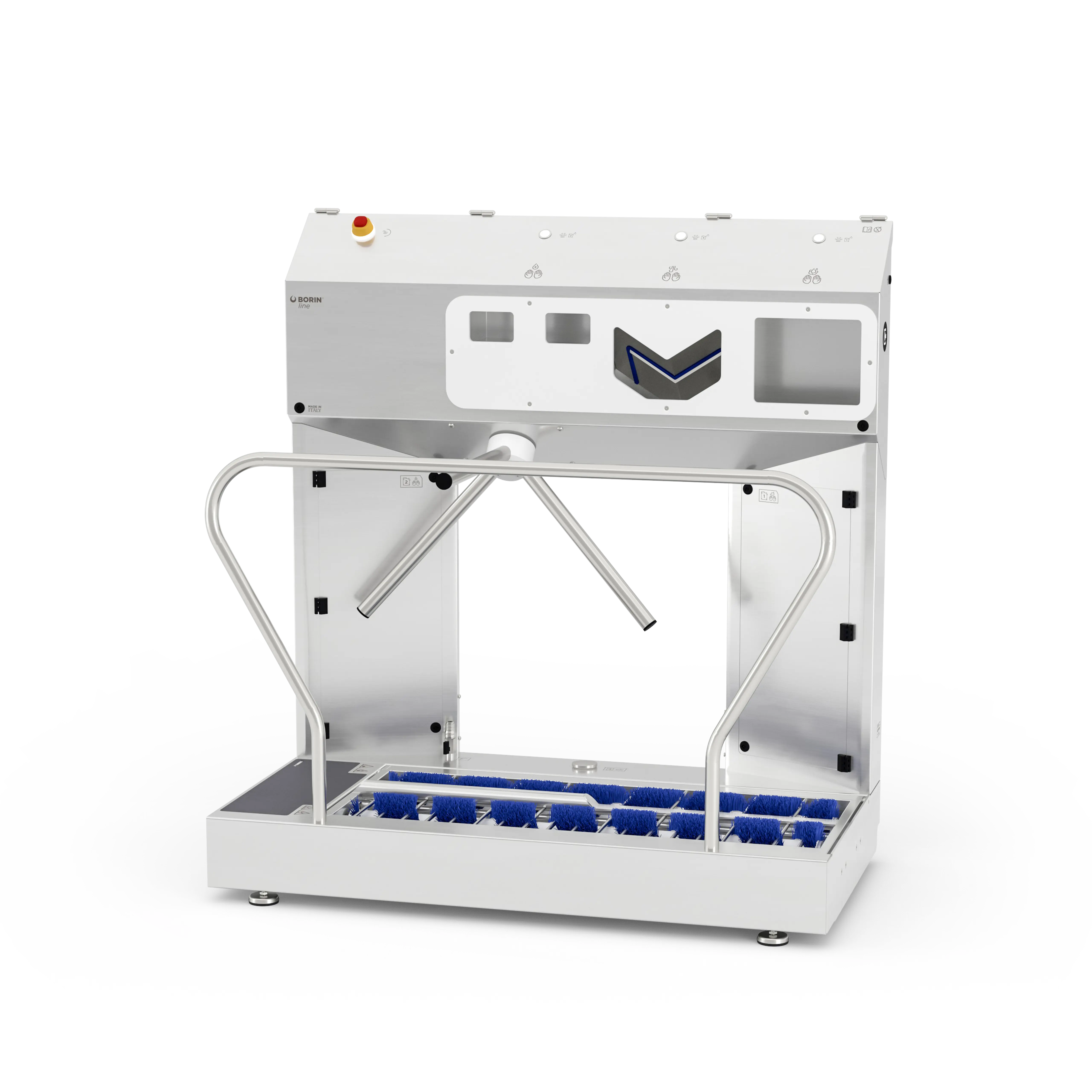 stazione igienizzante borin extreme per igiene completa delle mani e sanificazione delle suole, con tornello elettromeccanico e asciugatura ad aria delle mani, ingresso laterale destro senza ringhiera laterale in entrata