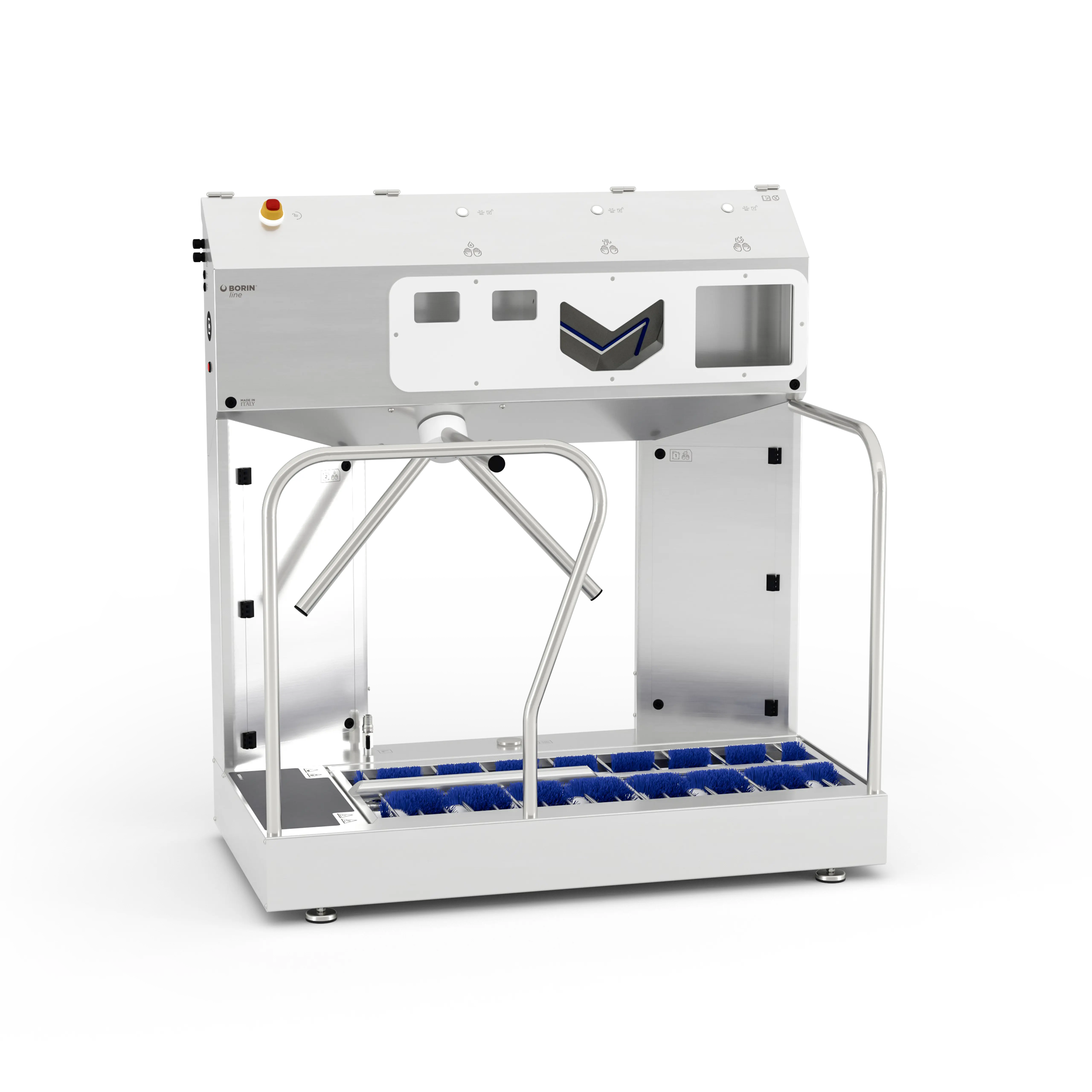 stazione igienizzante borin extreme per igiene completa delle mani e sanificazione delle suole, con tornello elettromeccanico e asciugatura ad aria delle mani, ingresso frontale destro con ringhiera laterale in entrata