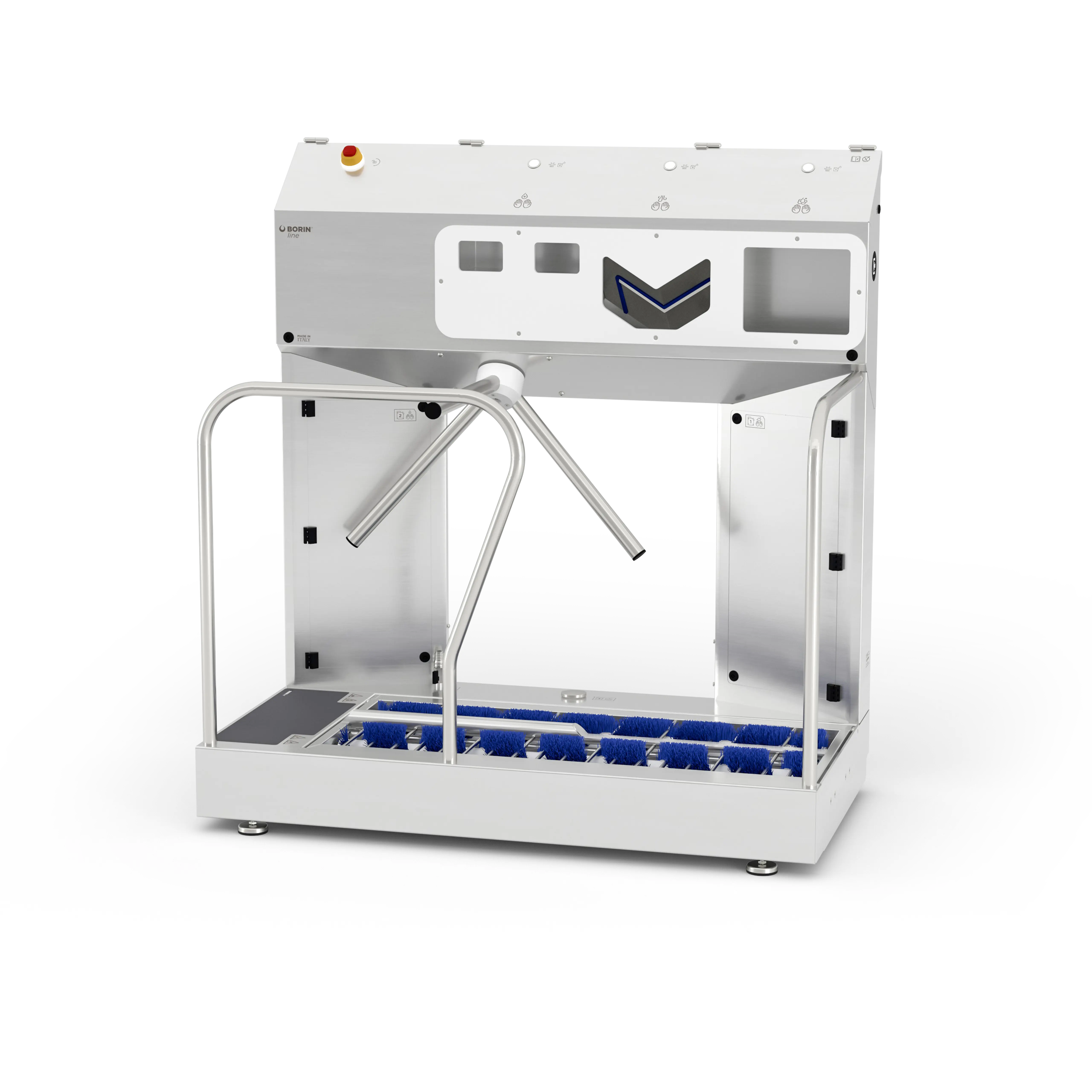 stazione igienizzante borin extreme per igiene completa delle mani e sanificazione delle suole, con tornello elettromeccanico e asciugatura ad aria delle mani, ingresso frontale destro con ringhiera laterale in entrata