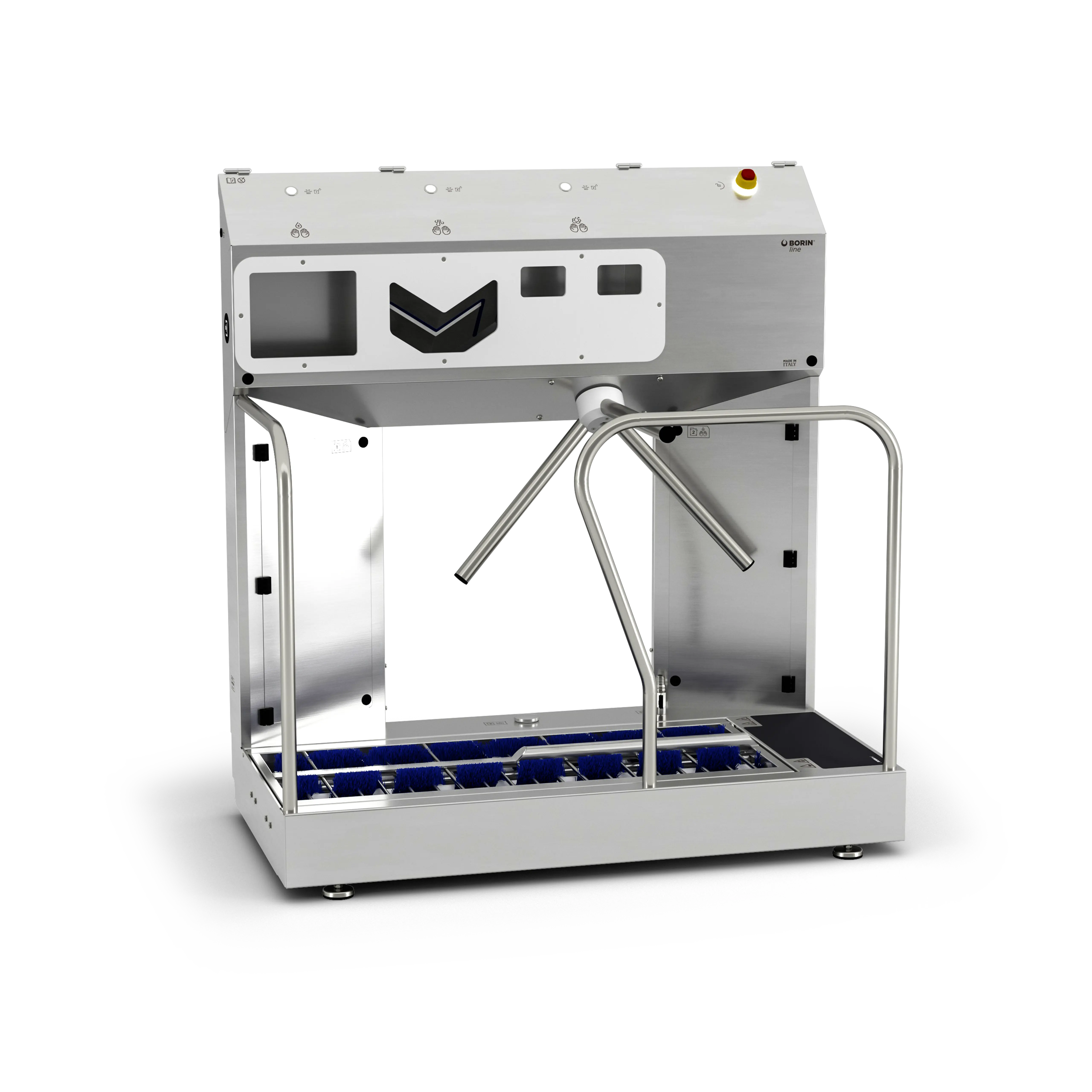 borin extreme hygiene station for complete hand hygiene and sole sanitization, with electromechanical turnstile and air hand drying, front left entry with side entry handrail