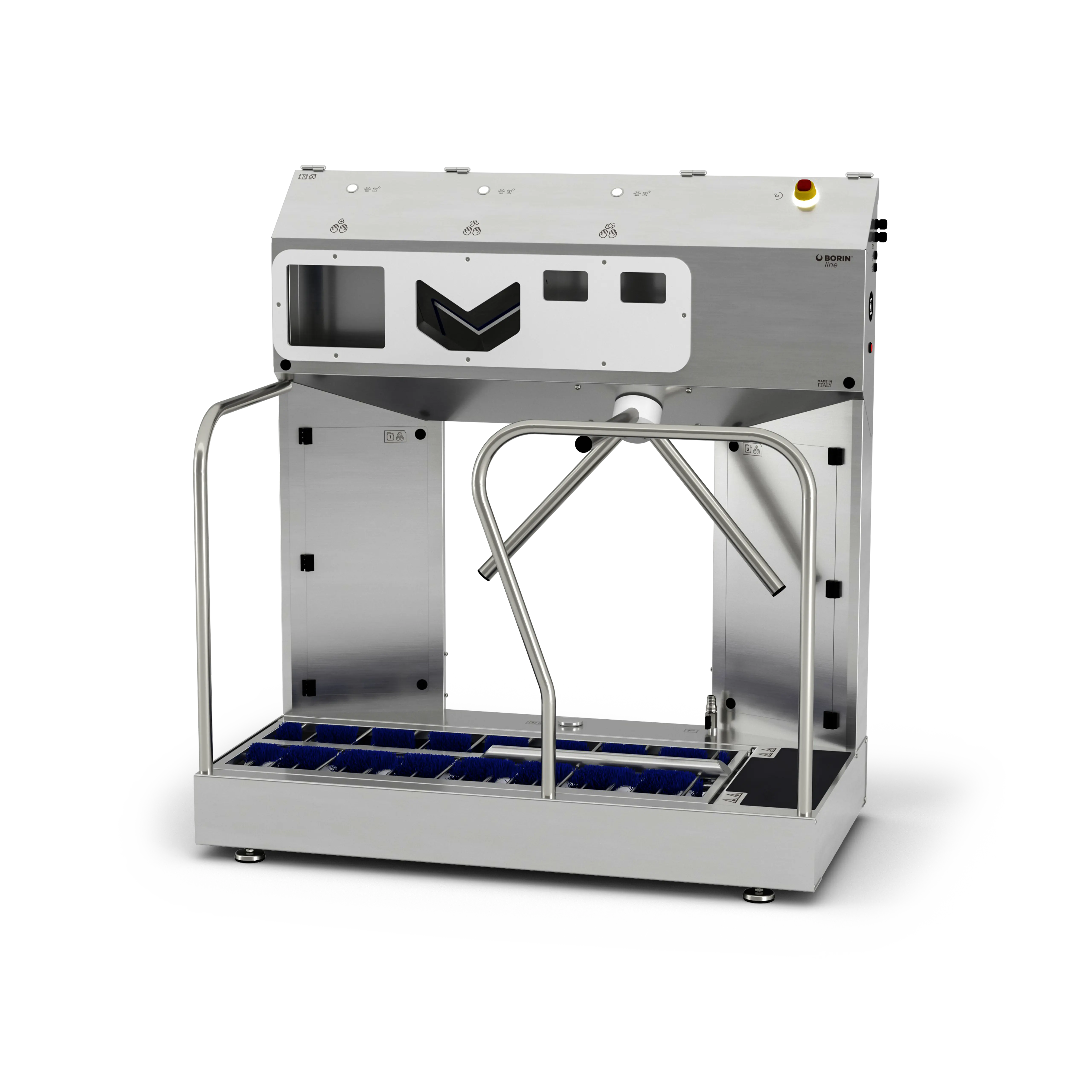 stazione igienizzante borin extreme per igiene completa delle mani e sanificazione delle suole, con tornello elettromeccanico e asciugatura ad aria delle mani, ingresso frontale sinistro con ringhiera laterale in entrata