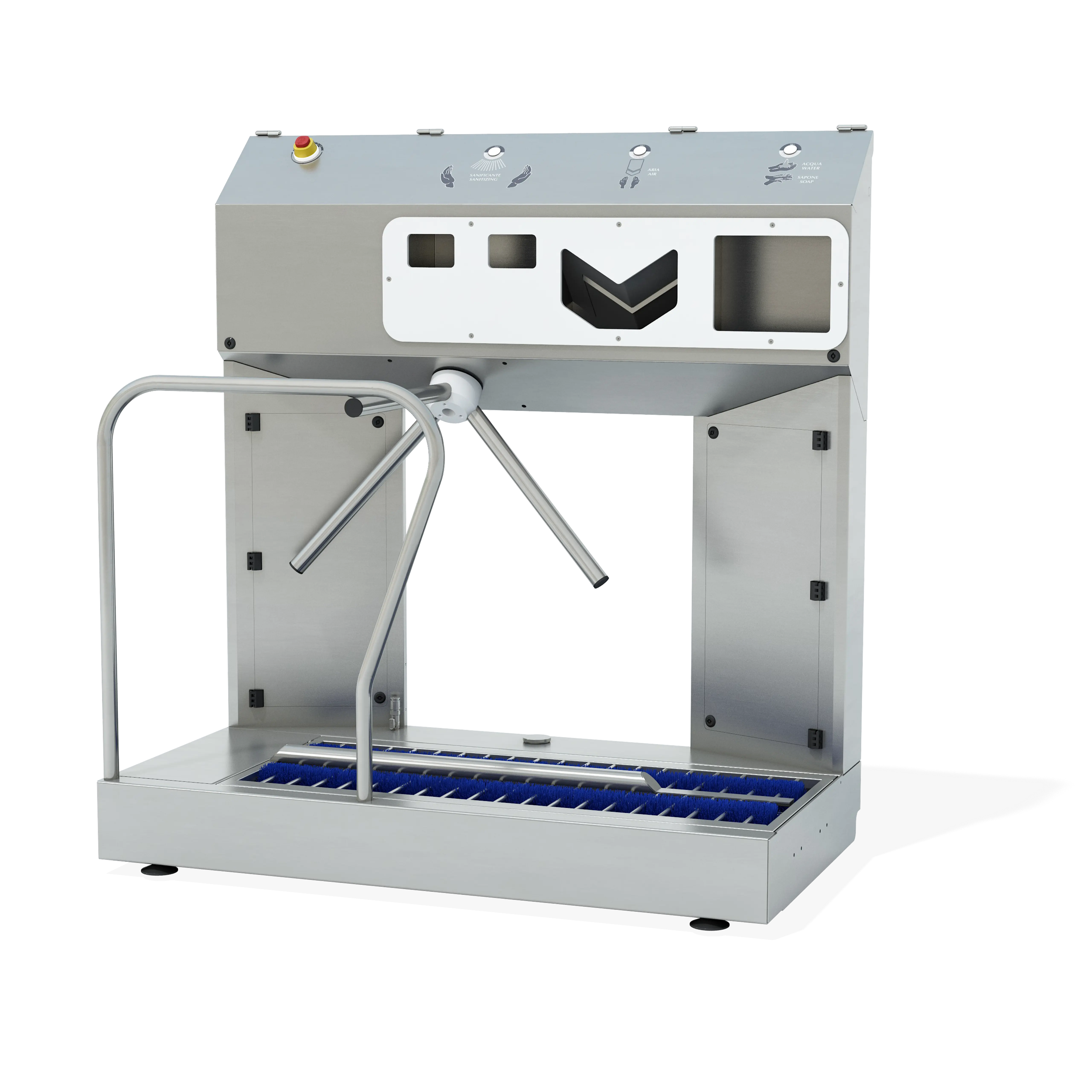 stazione igienizzante borin extreme per igiene completa delle mani e sanificazione delle suole, con tornello elettromeccanico e asciugatura ad aria delle mani, ingresso frontale destro senza ringhiera laterale in entrata