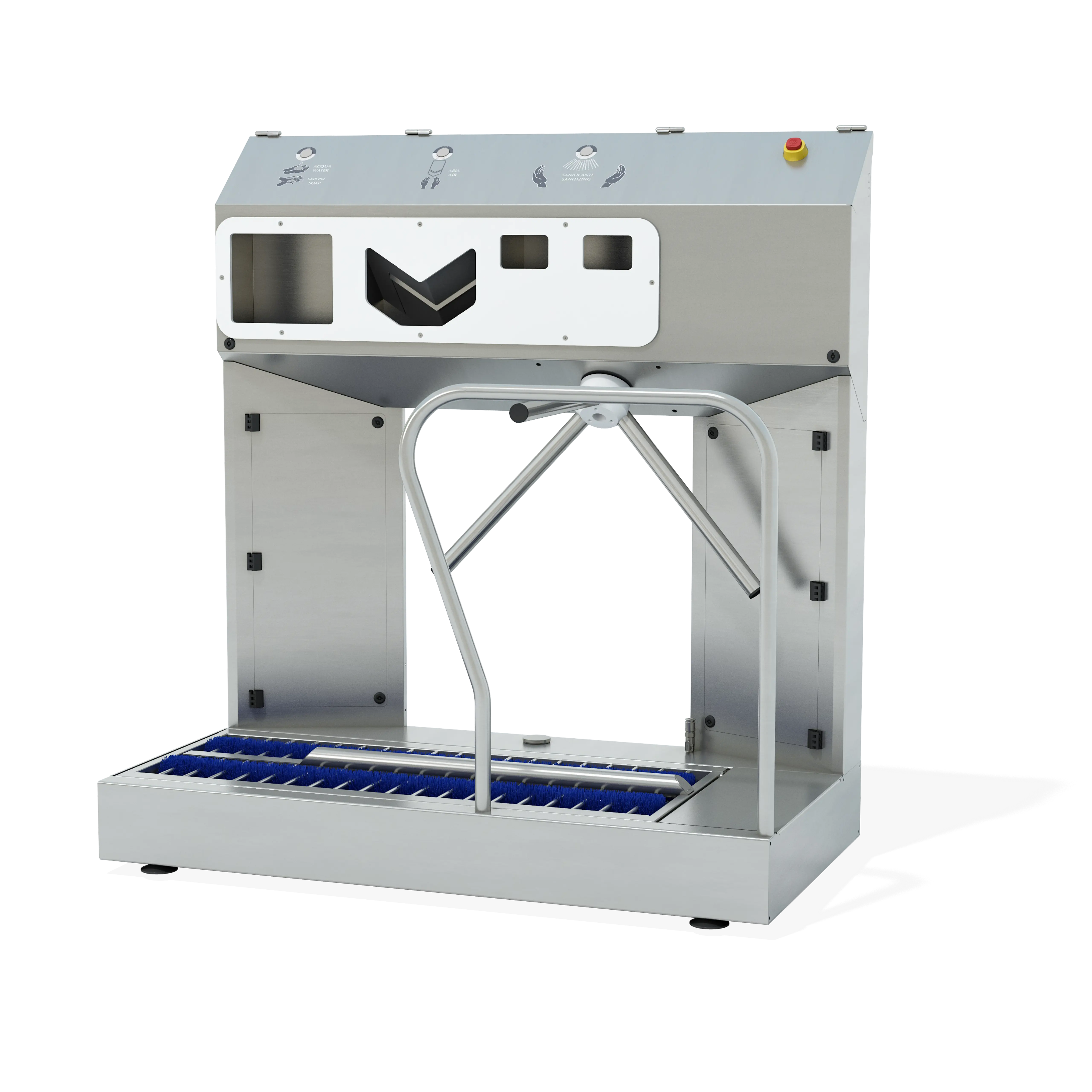stazione igienizzante borin extreme per igiene completa delle mani e sanificazione delle suole, con tornello elettromeccanico e asciugatura ad aria delle mani, ingresso laterale sinistro senza ringhiera laterale in entrata