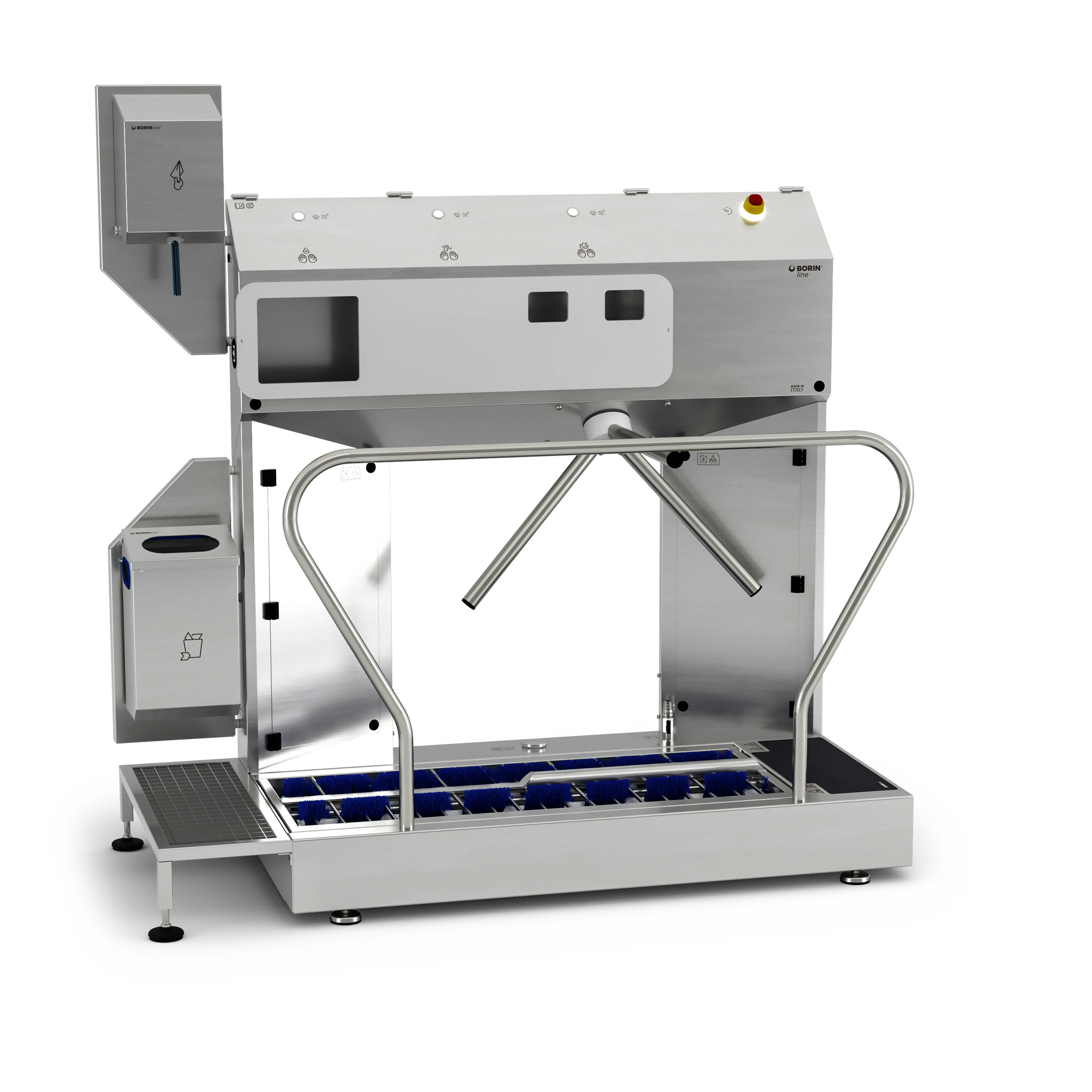 stazione igienizzante borin extreme per igiene completa delle mani e sanificazione delle suole, con tornello elettromeccanico e asciugatura delle mani con carta ad estrazione verticale, ingresso laterale sinistro senza ringhiera laterale in entrata