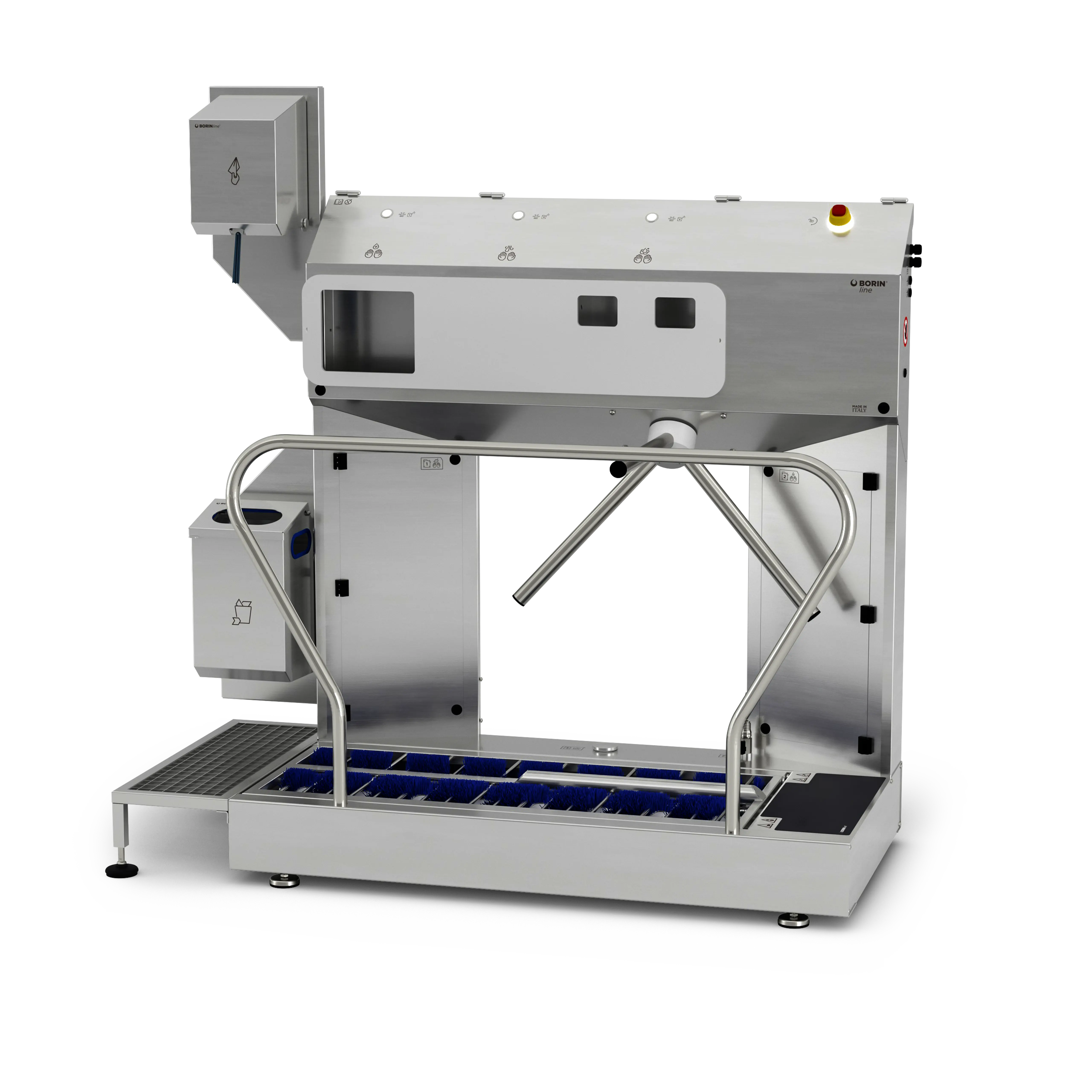 stazione igienizzante borin extreme per igiene completa delle mani e sanificazione delle suole, con tornello elettromeccanico e asciugatura delle mani con carta ad estrazione verticale, ingresso laterale sinistro senza ringhiera laterale in entrata