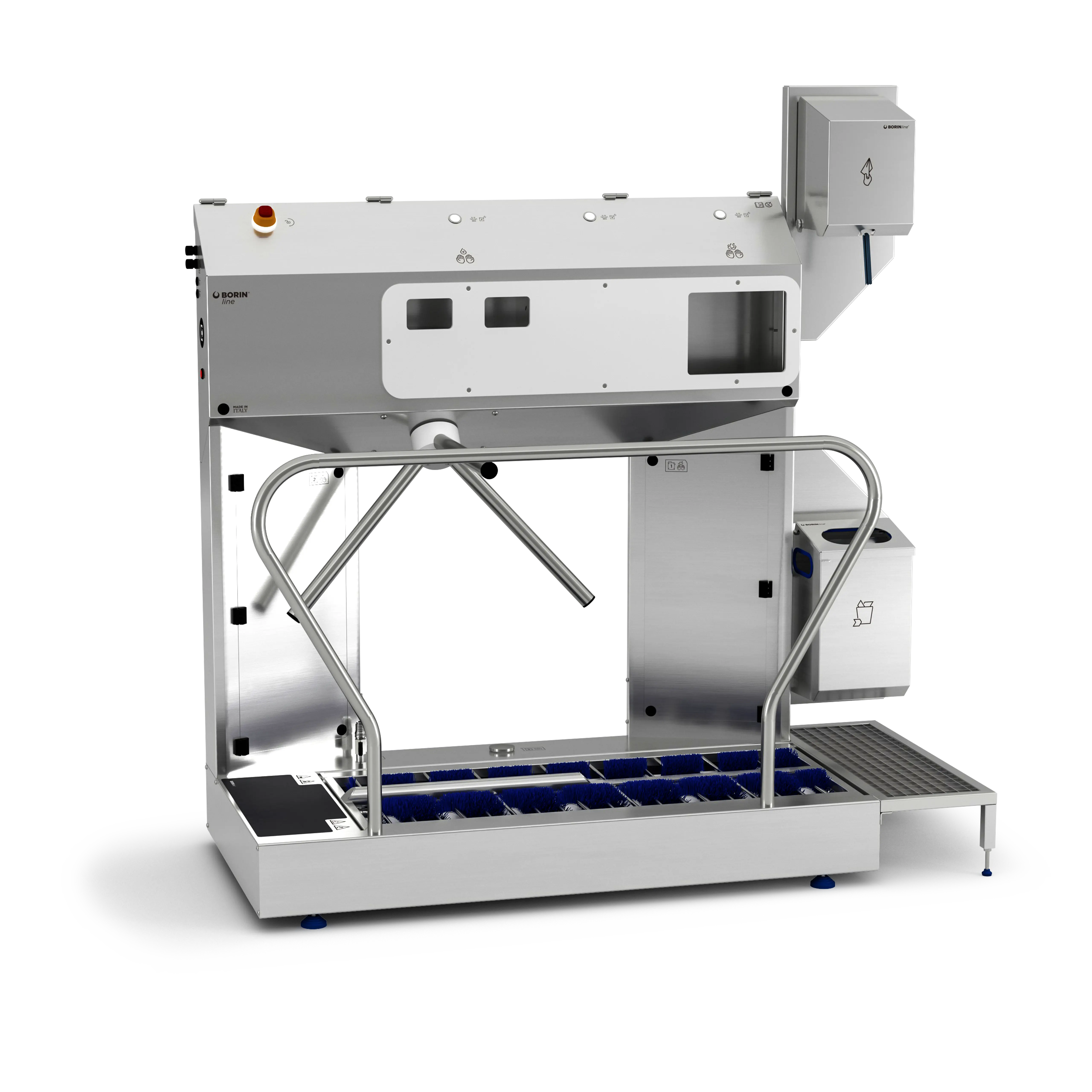 stazione igienizzante borin extreme per igiene completa delle mani e sanificazione delle suole, con tornello elettromeccanico e asciugatura delle mani con carta ad estrazione verticale, ingresso laterale destro senza ringhiera laterale in entrata