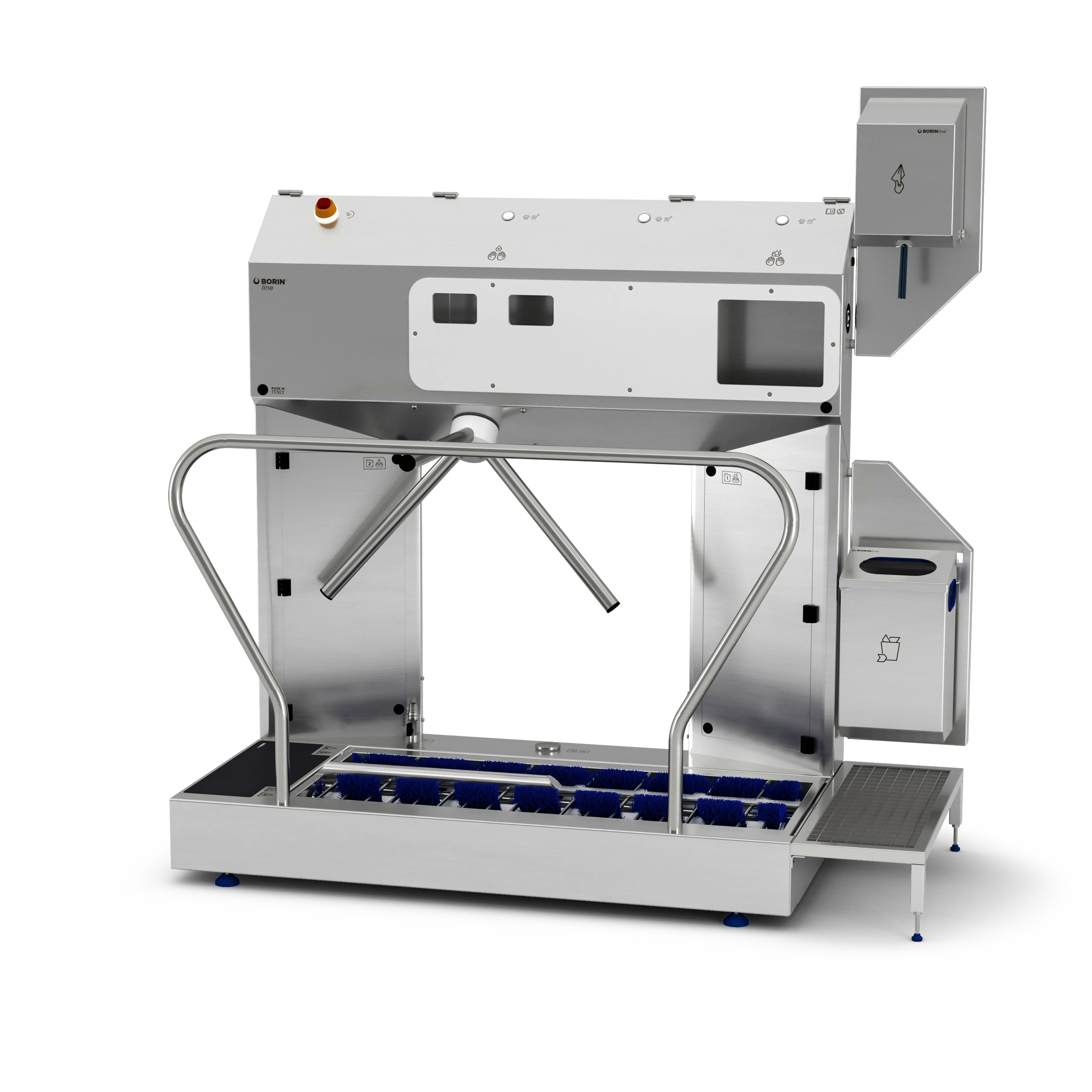 stazione igienizzante borin extreme per igiene completa delle mani e sanificazione delle suole, con tornello elettromeccanico e asciugatura delle mani con carta ad estrazione verticale, ingresso laterale destro senza ringhiera laterale in entrata