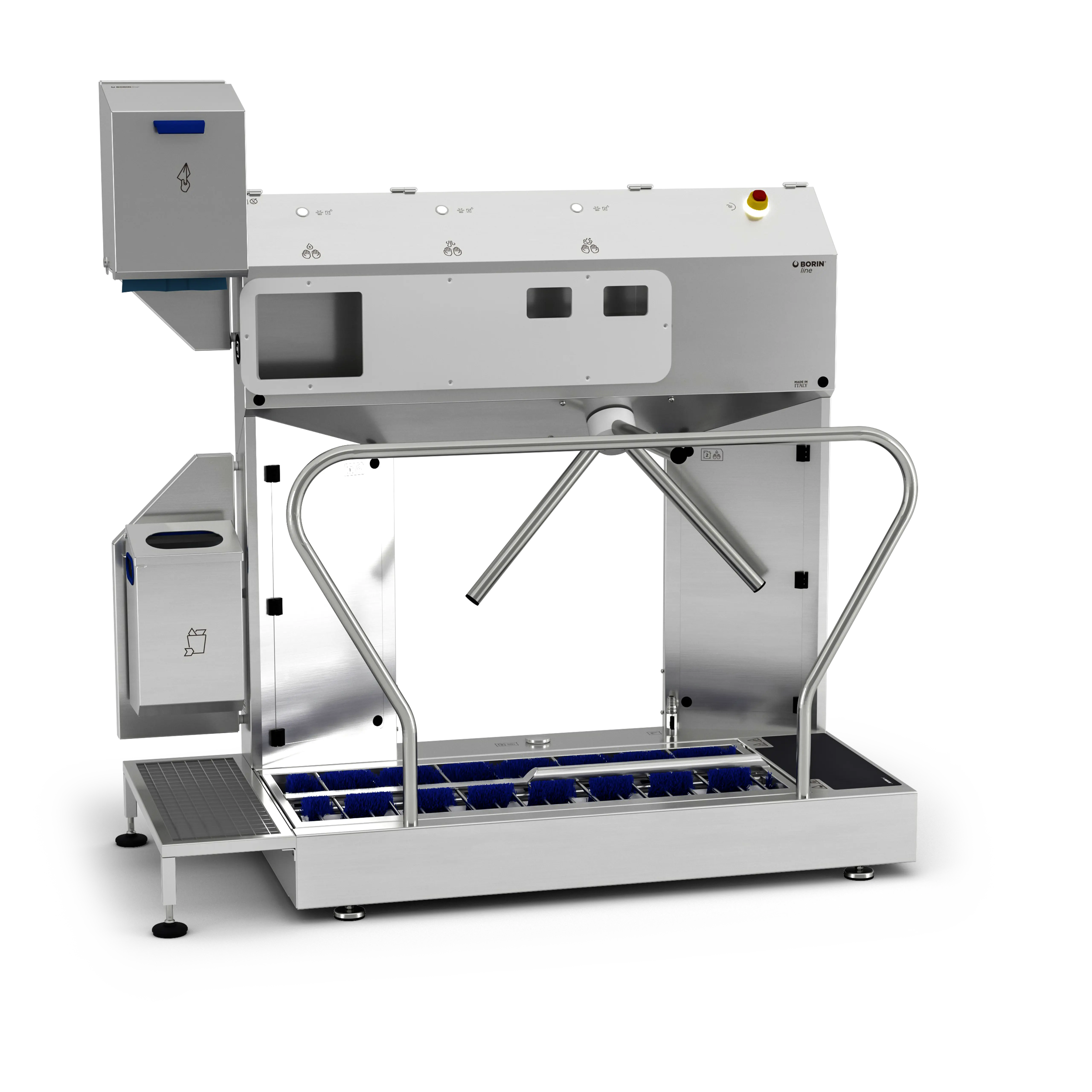 stazione igienizzante borin extreme per igiene completa delle mani e sanificazione delle suole, con tornello elettromeccanico e asciugatura delle mani con carta ad estrazione orizzontale, ingresso laterale sinistro senza ringhiera laterale in entrata