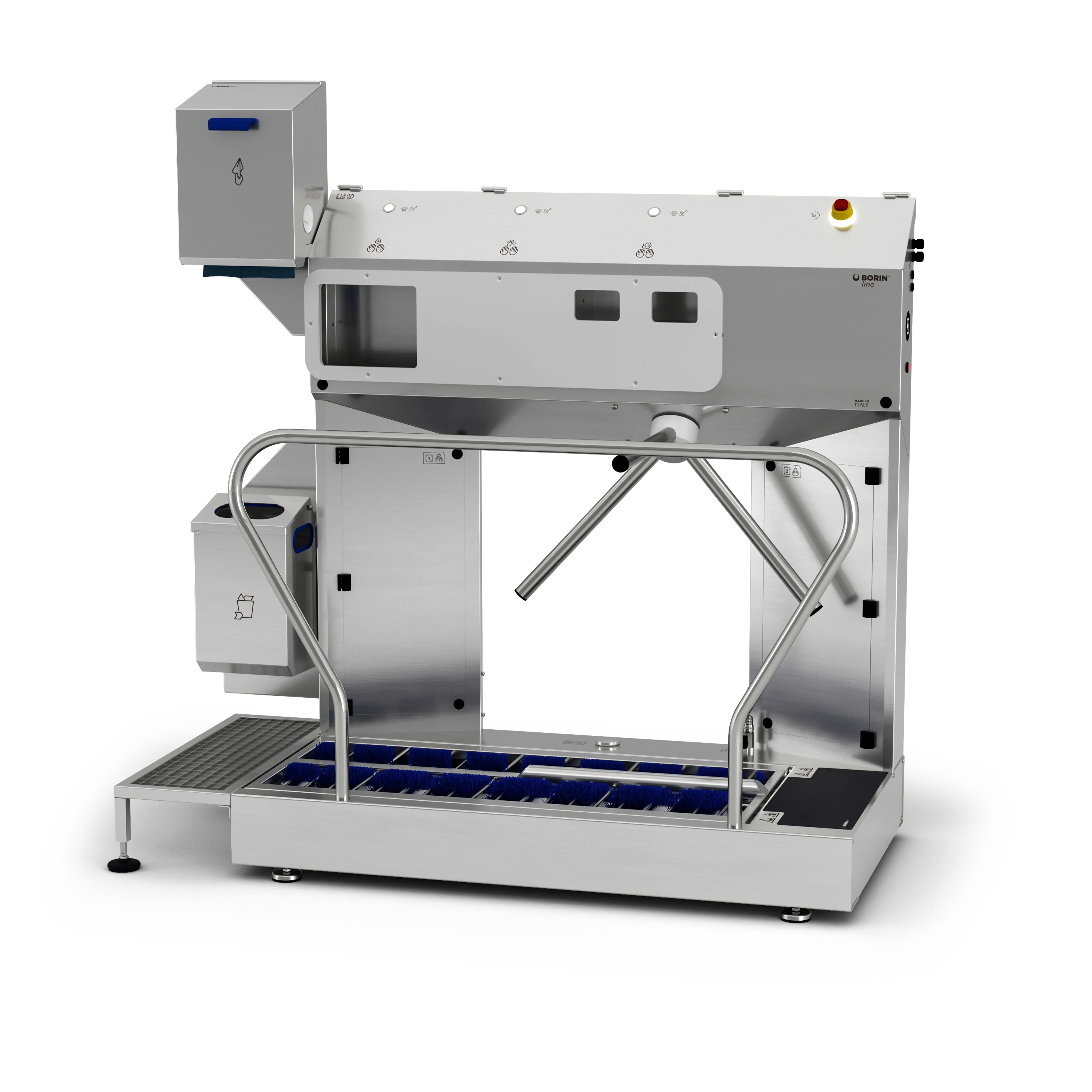 stazione igienizzante borin extreme per igiene completa delle mani e sanificazione delle suole, con tornello elettromeccanico e asciugatura delle mani con carta ad estrazione orizzontale, ingresso laterale sinistro senza ringhiera laterale in entrata