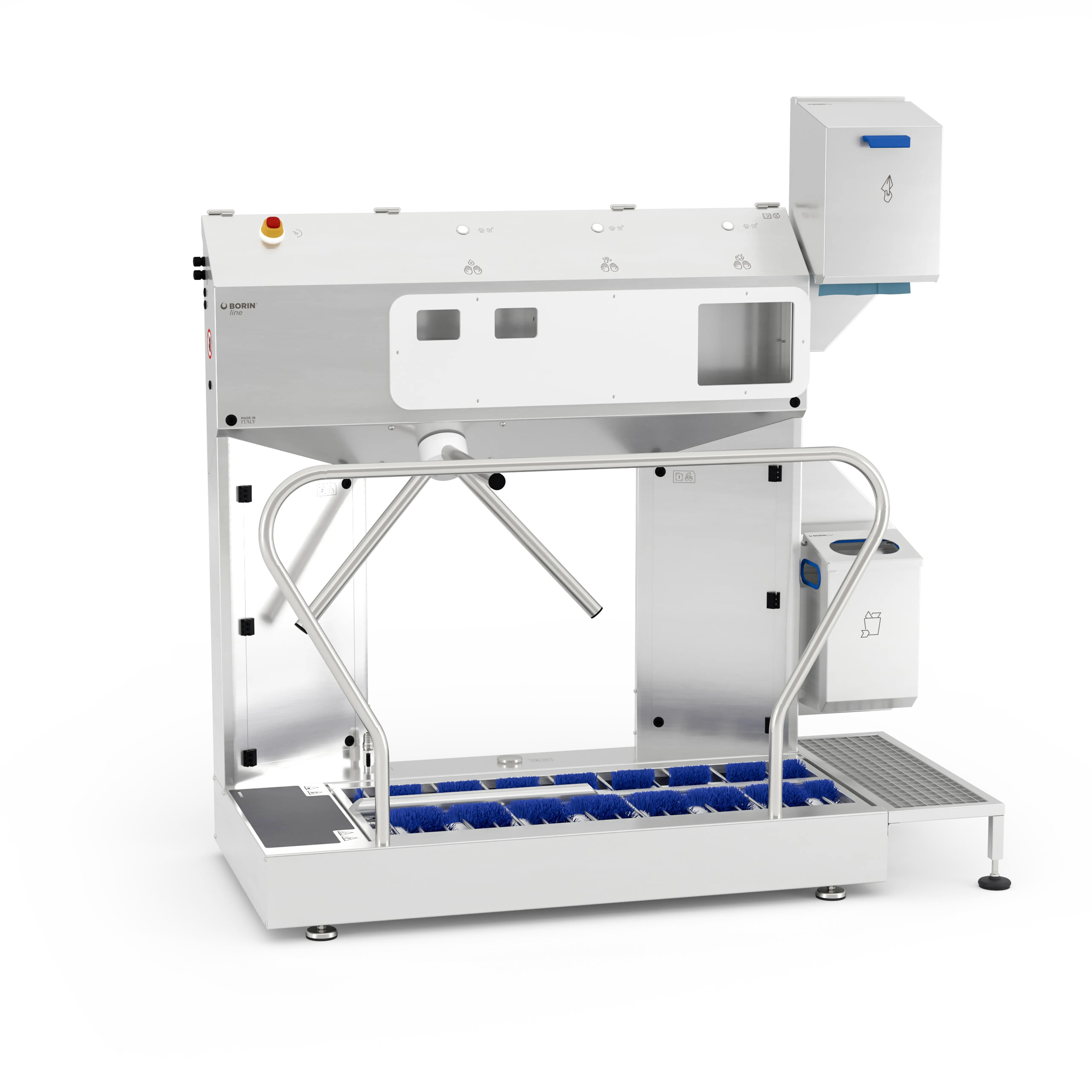 stazione igienizzante borin extreme per igiene completa delle mani e sanificazione delle suole, con tornello elettromeccanico e asciugatura delle mani con carta ad estrazione orizzontale, ingresso laterale destro senza ringhiera laterale in entrata