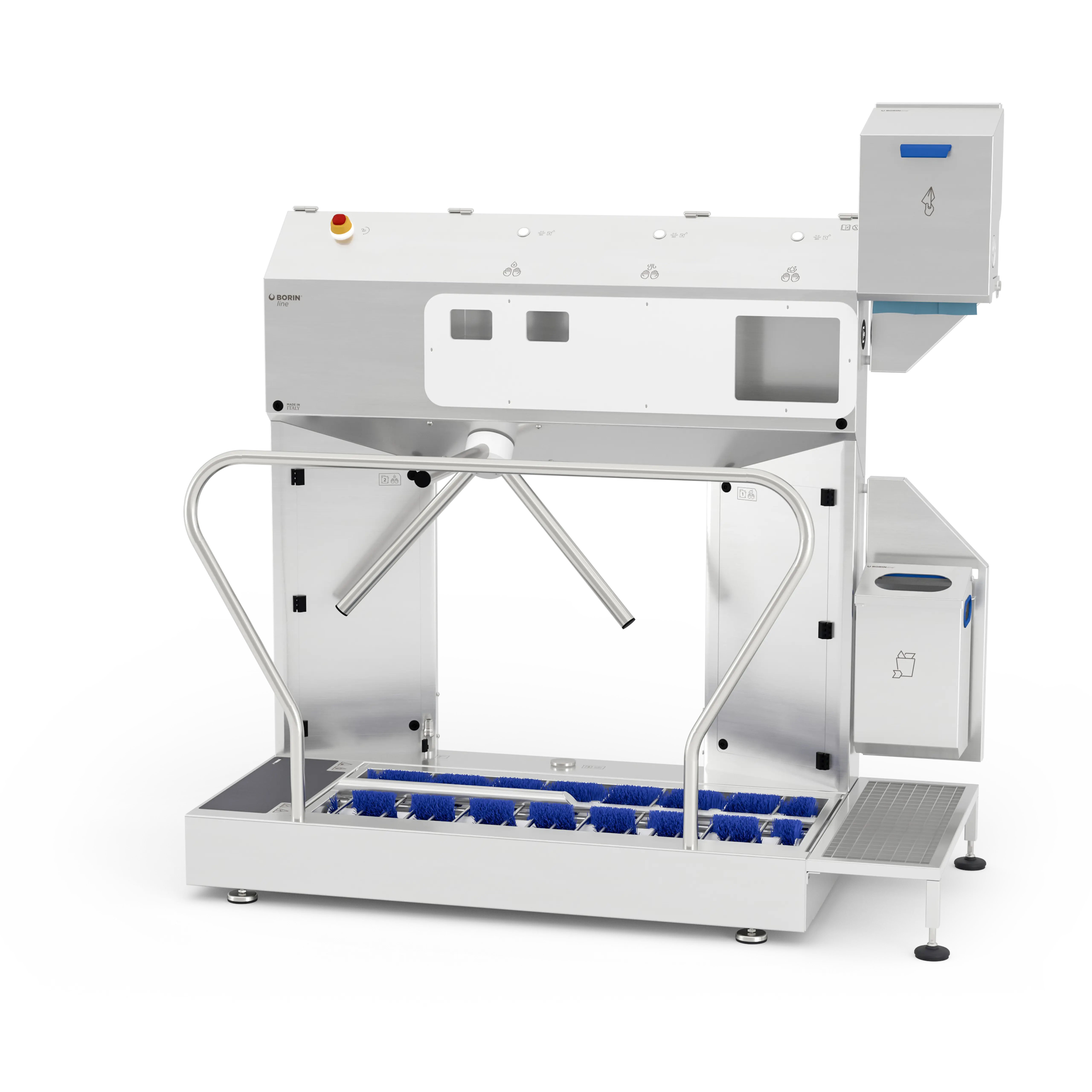 stazione igienizzante borin extreme per igiene completa delle mani e sanificazione delle suole, con tornello elettromeccanico e asciugatura delle mani con carta ad estrazione orizzontale, ingresso laterale destro senza ringhiera laterale in entrata